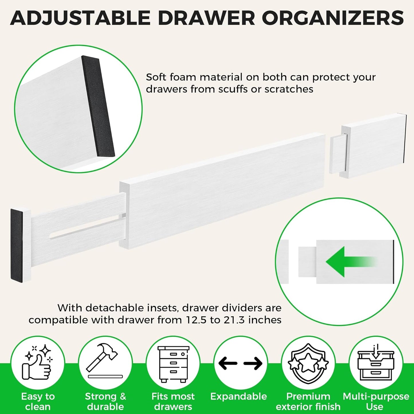 Bamboo Drawer Dividers Organizer with Inserts, Expandable from 12.5-21.7", Adjustable Drawer Organizer Separators for Utensils, Dresser, Bedroom, Bathroom, Closet, Clothing, Office (White)