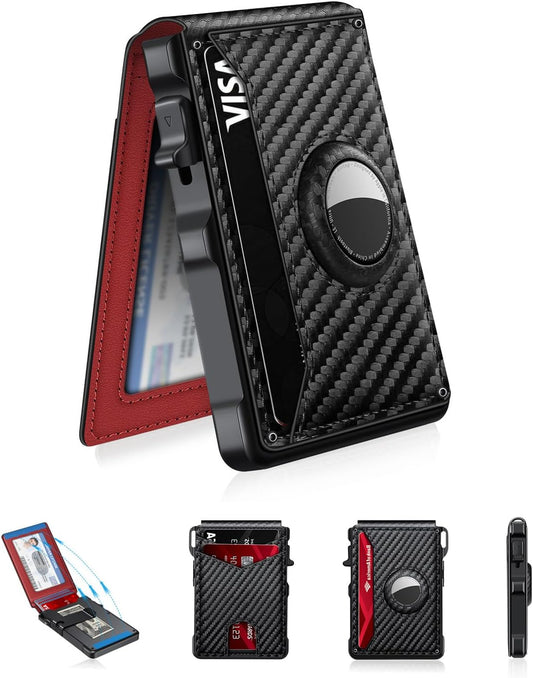 Airtag Wallet for Men, Mens Smart Wallet for Air Tag RFID Blocking, Minimalist Bifold Pop Up Aluminum Credit Card Case Holder 12+ Cards with ID Window, Gift for Men, No Airtag Included, Carbon Red