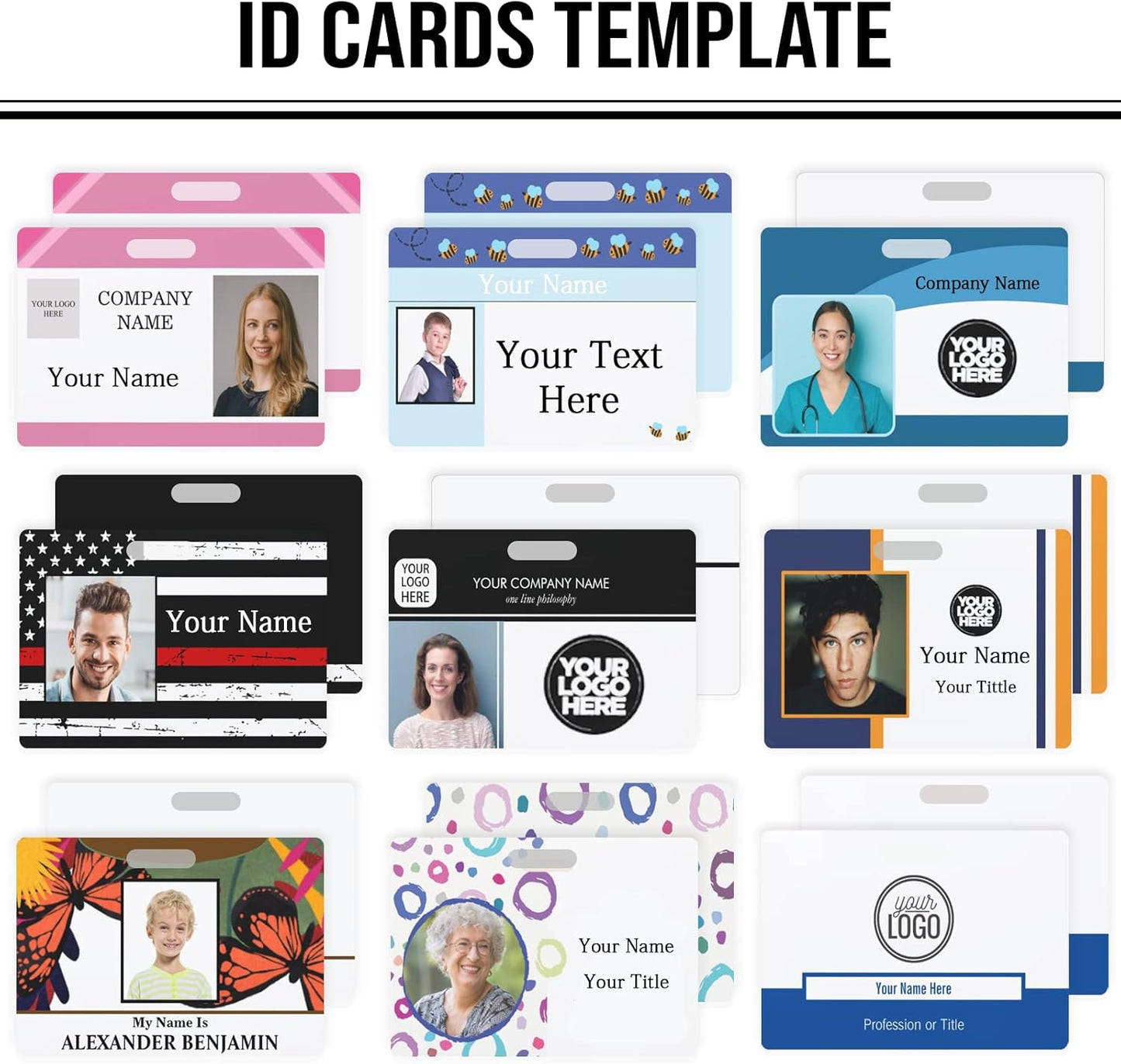 Custom Id Badge, Personalized Employee Photo Identification Card with Lanyard, Durable ID Card for Office Worker Doctor Nurse Student-Horizontal-Template1