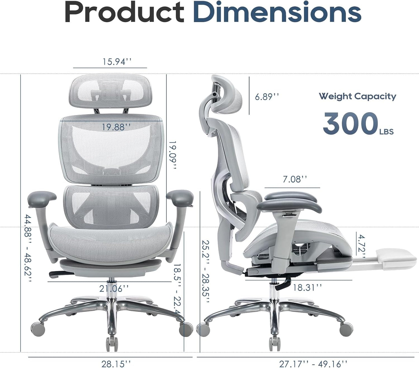 COLAMY Ergonomic Mesh Office Chair, Ergonomic Desk Chair with Footrest, Executive High Back Computer Desk Chair with Lumbar Support, Headrest and Adjustable 3D Arms, Tilt Lock and Lumbar Support-Grey