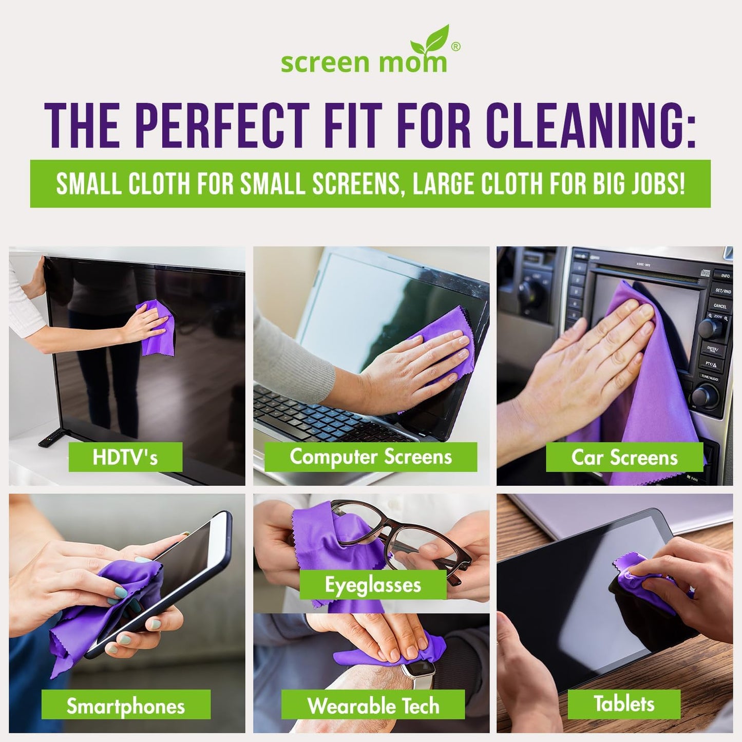 Screen Mom Screen Cleaner Purple Microfiber Cloths (6-Pack) - Microfiber Screens Cleaner Cloths, TV Cleaning Cloth for Electronic Cleaners, Laptop, Computer & Car Screens Cleaning Kit, TV Cleaners