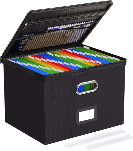Oterri 1 Pack Large File Organizer Boxes with Lids, File Box with Mesh Pockets, Document Organizer Box for Legal/Letter Size Folders, Zippers Important Document Organizer (Black, Without Folders)