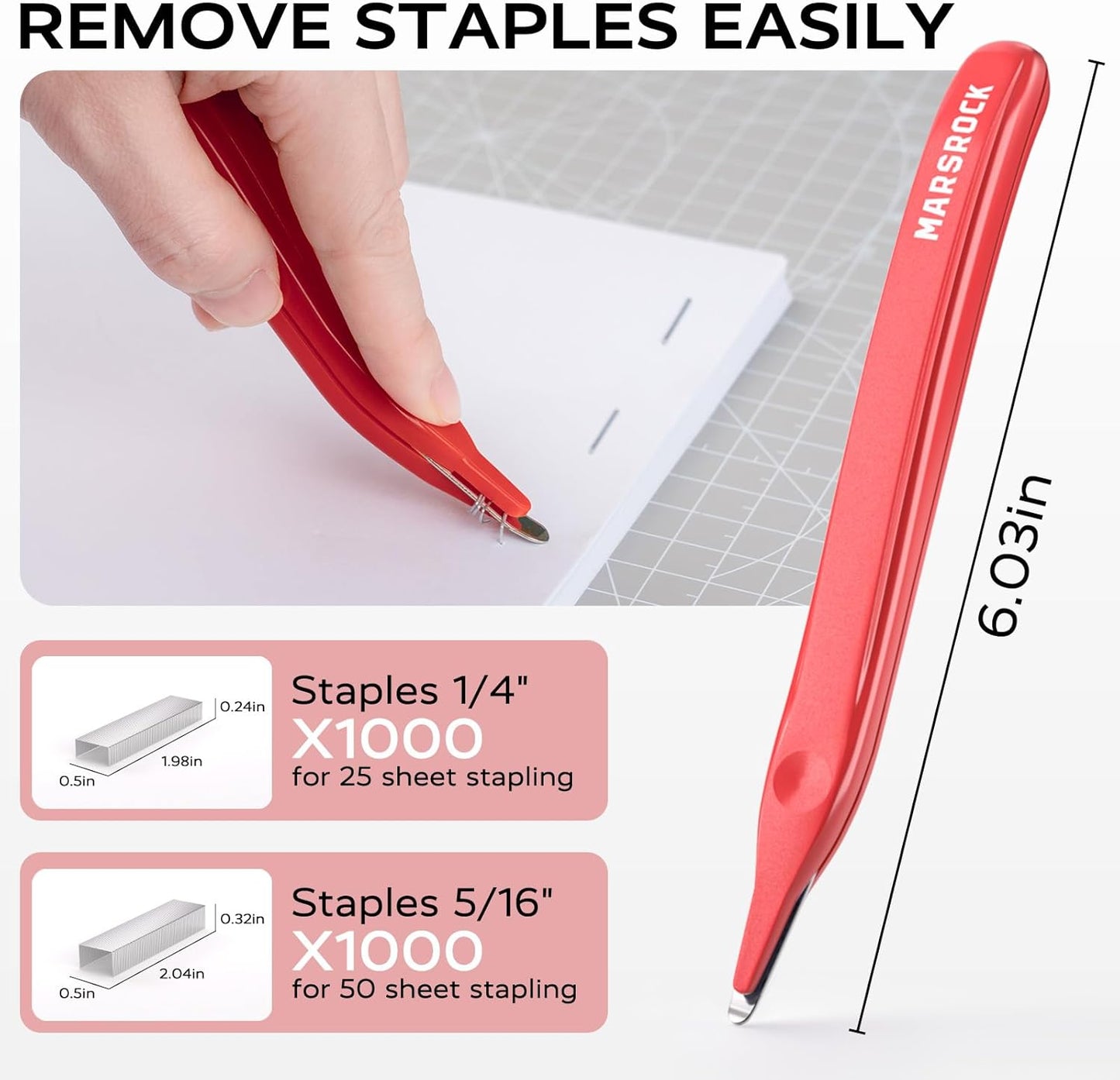 Effortless Stapler for Desk with 40-50 Sheet Capacity, 2000 Staples, 1-Touch Stapling, Ergonomic & Easy to Load Desktop Staplers, Heavy Duty Stapler, and Magnetic Staple Remover, Red