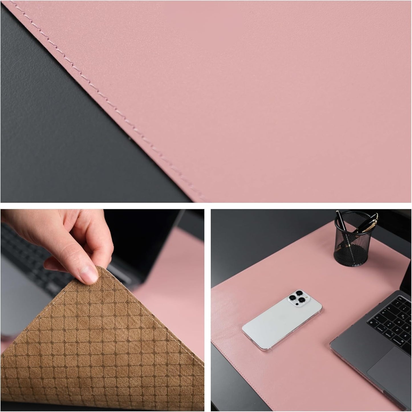 Jersey Genuine Calfskin Leather Desk Pad, Office Desk Mat with Non-Slip Bottom, Smooth Surface for Mouse & Keyboard, Desk Protector (14.6x31.5 inches) (Pink)