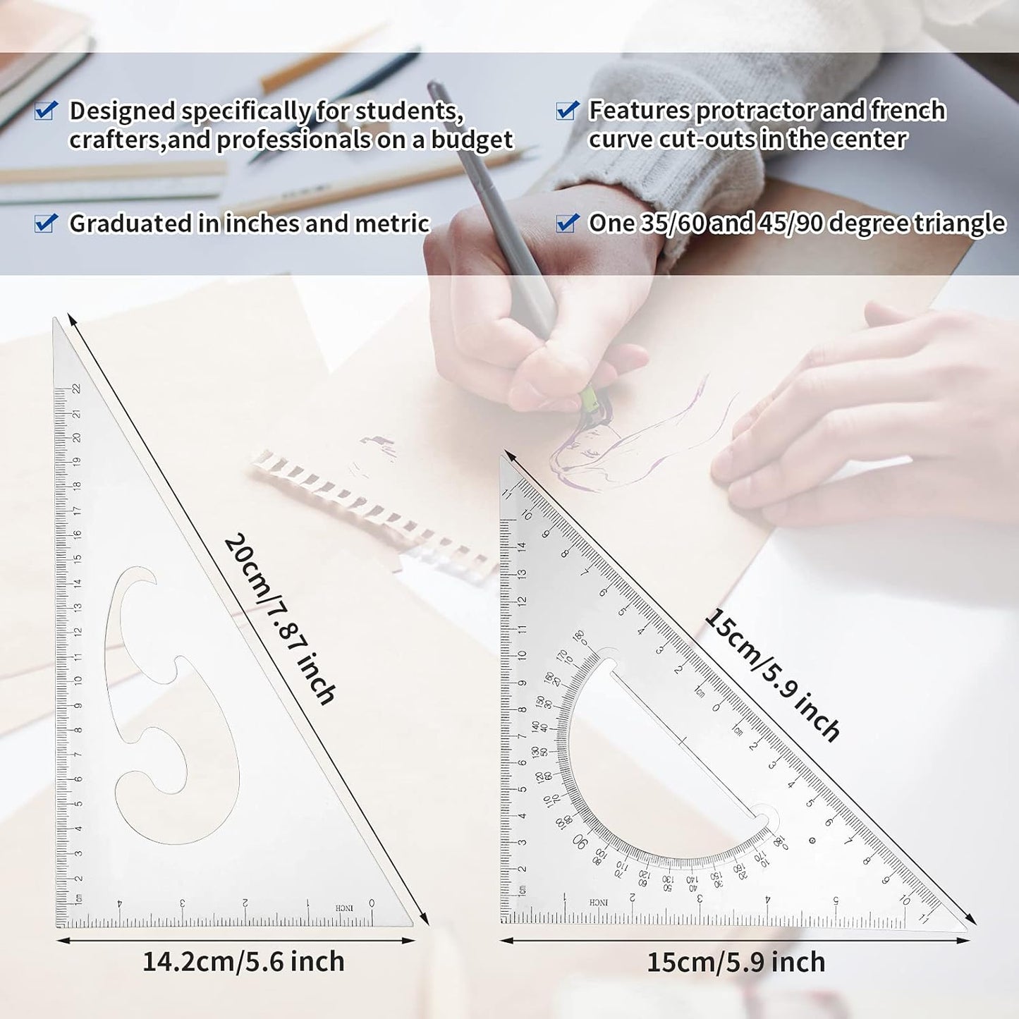 Frienda 5 Pieces Drafting Tools 12 Inch T-Square Ruler Plastic Transparent Drawing Ruler 180 Degree Protractor, 2 Triangles and a French Curve for Students and Engineering Drawing