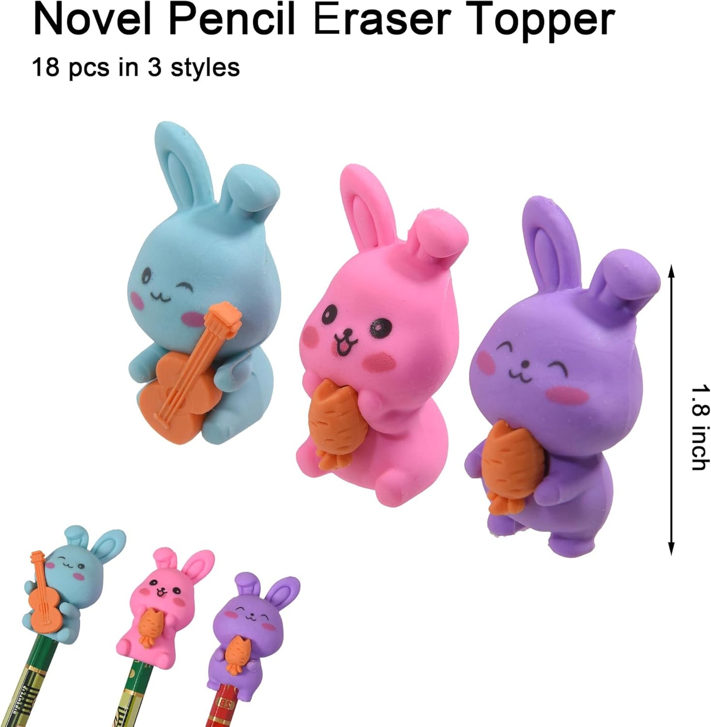 18Pcs Pencil Top Erasers for Kids, 3D Cute Rabbit Pencil Toppers, Bulk Fun Pencil Cap Easters for School Classroom Supplies Prize Gifts Party Favors