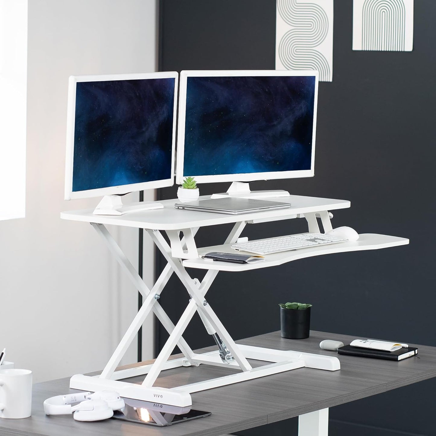 VIVO 36 inch Desk Converter, K Series, Height Adjustable Sit to Stand Riser, Dual Monitor and Laptop Workstation with Wide Keyboard Tray, White, DESK-V036KW