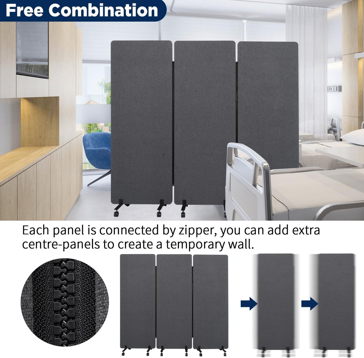 Sound Proof Dividers w/Wheels, Portable Office Wall Divider for Room Partition, Soundproof Room Divider Privacy Panel Partition Cubicle Wall Temporary Wall for Office (Dark, 3 Panel)