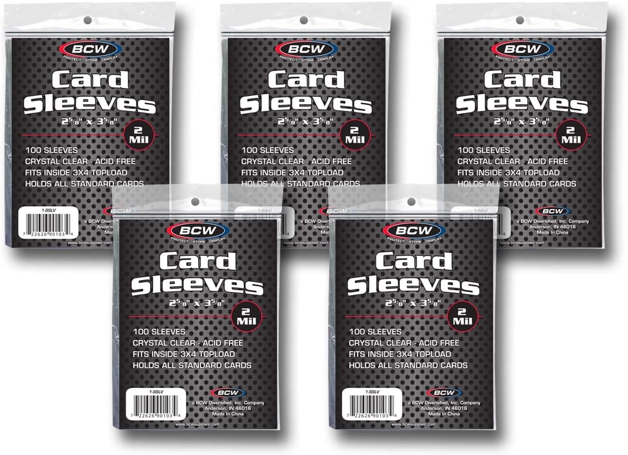 BCW Standard Card Sleeves - 2-5/8" x 3-5/8" - 5 Packs (500 Total) | Crystal Clear Acid-Free, Toploader | Trading Card Sleeves for Baseball, Basketball, Football, Hockey, Pokemon, MTG, etc