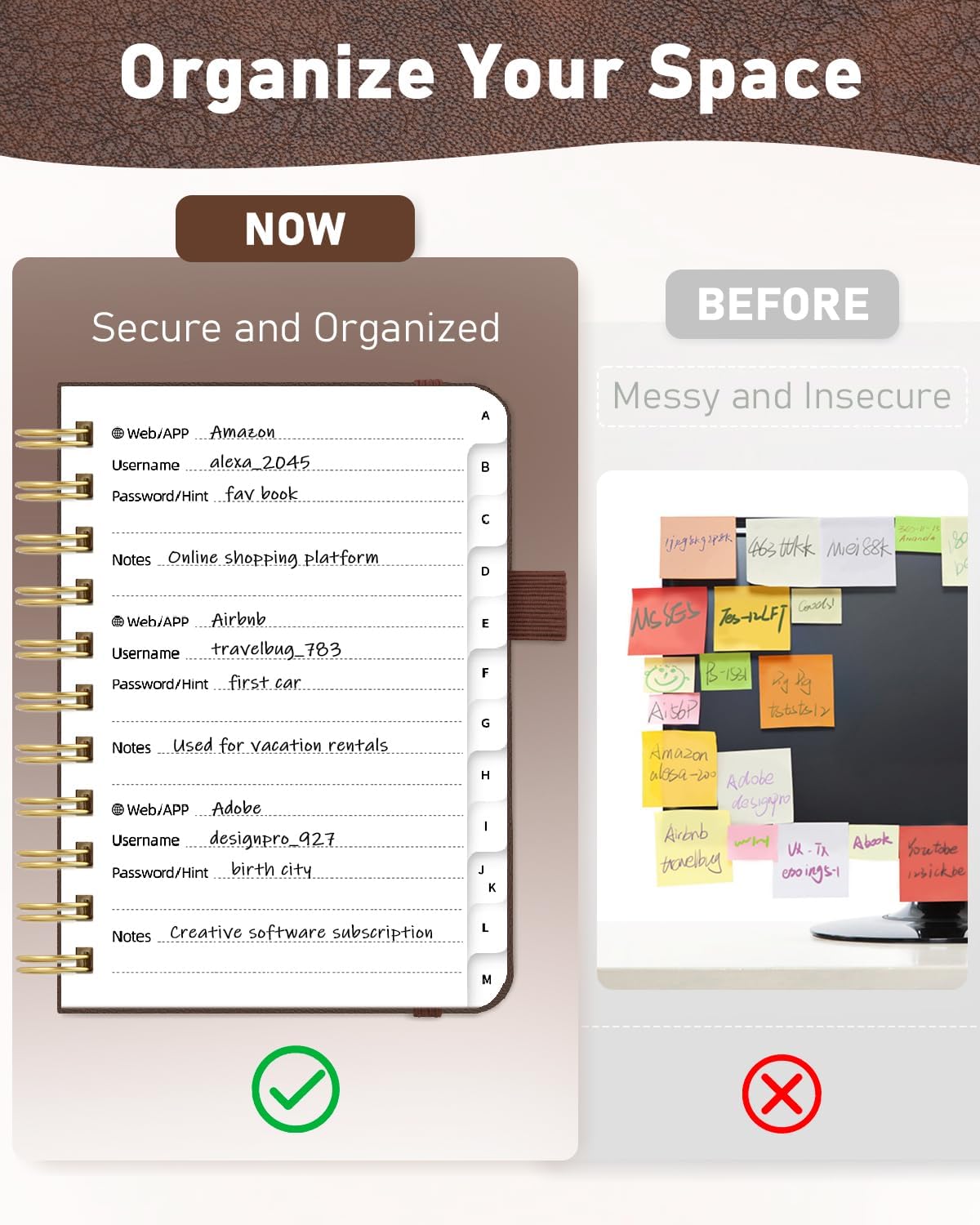 WEMATE Password Book with Alphabetical Tabs, Spiral Password Keeper Book for Seniors, Internet Password Notebook Password Journal Logbook Log in Detail, Small – 4.7''x 6'' (Brown)