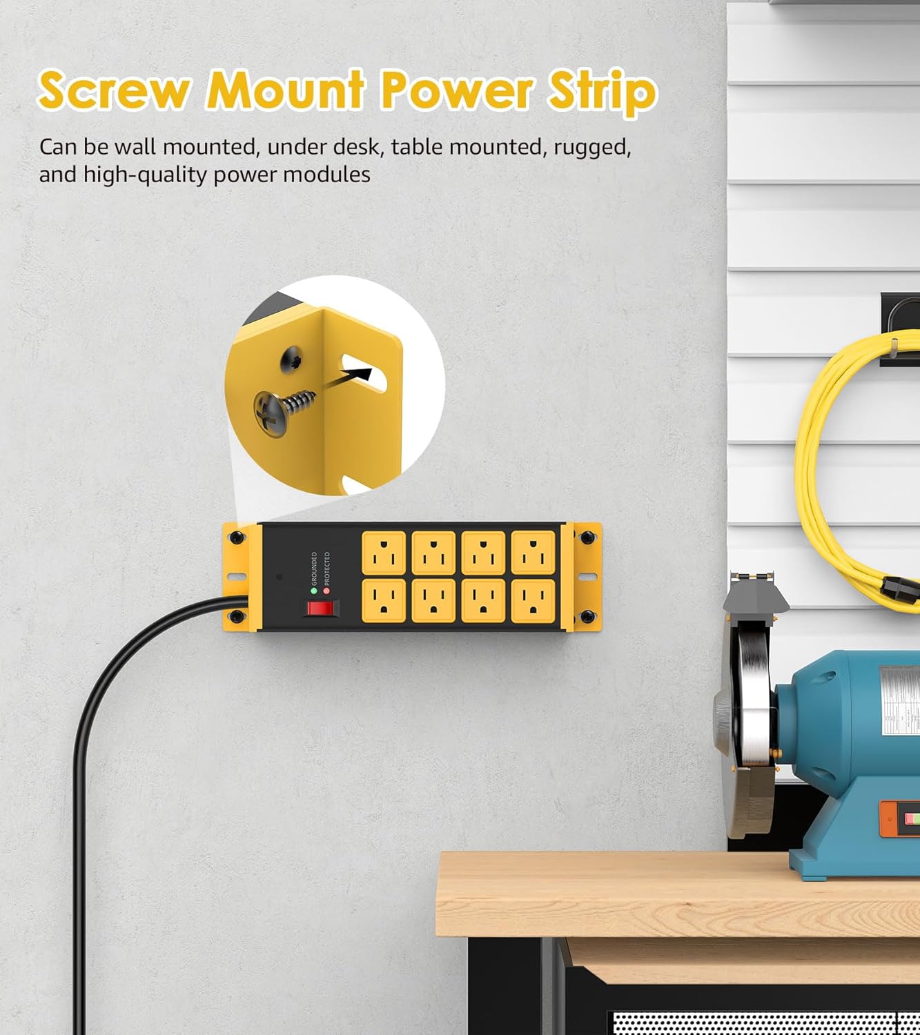 HHSOET 2 Pack Heavy Duty Power Strip 8 Outlets, Metal Wall Mount Outlet Strip 4800J Surge Protector, Garage Shop Under Desk Mountable 5FT Extension Cord Plug.