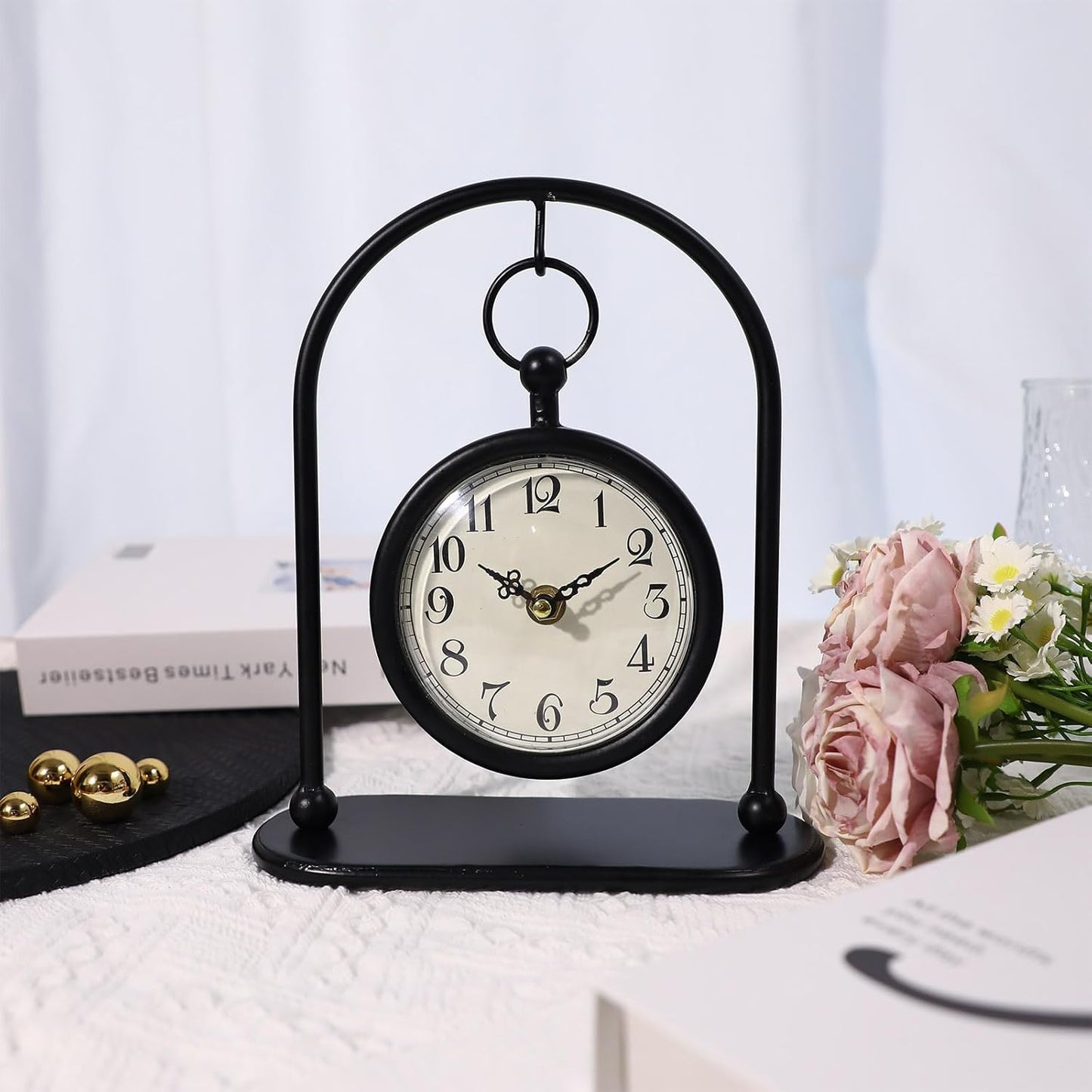 Vintage Metal Table Clock, Farmhouse Table Clock, Small Black Silent Non-Ticking Battery Operated Desk and Shelf Clocks for Home Kitchen Living Room Bedroom Decor