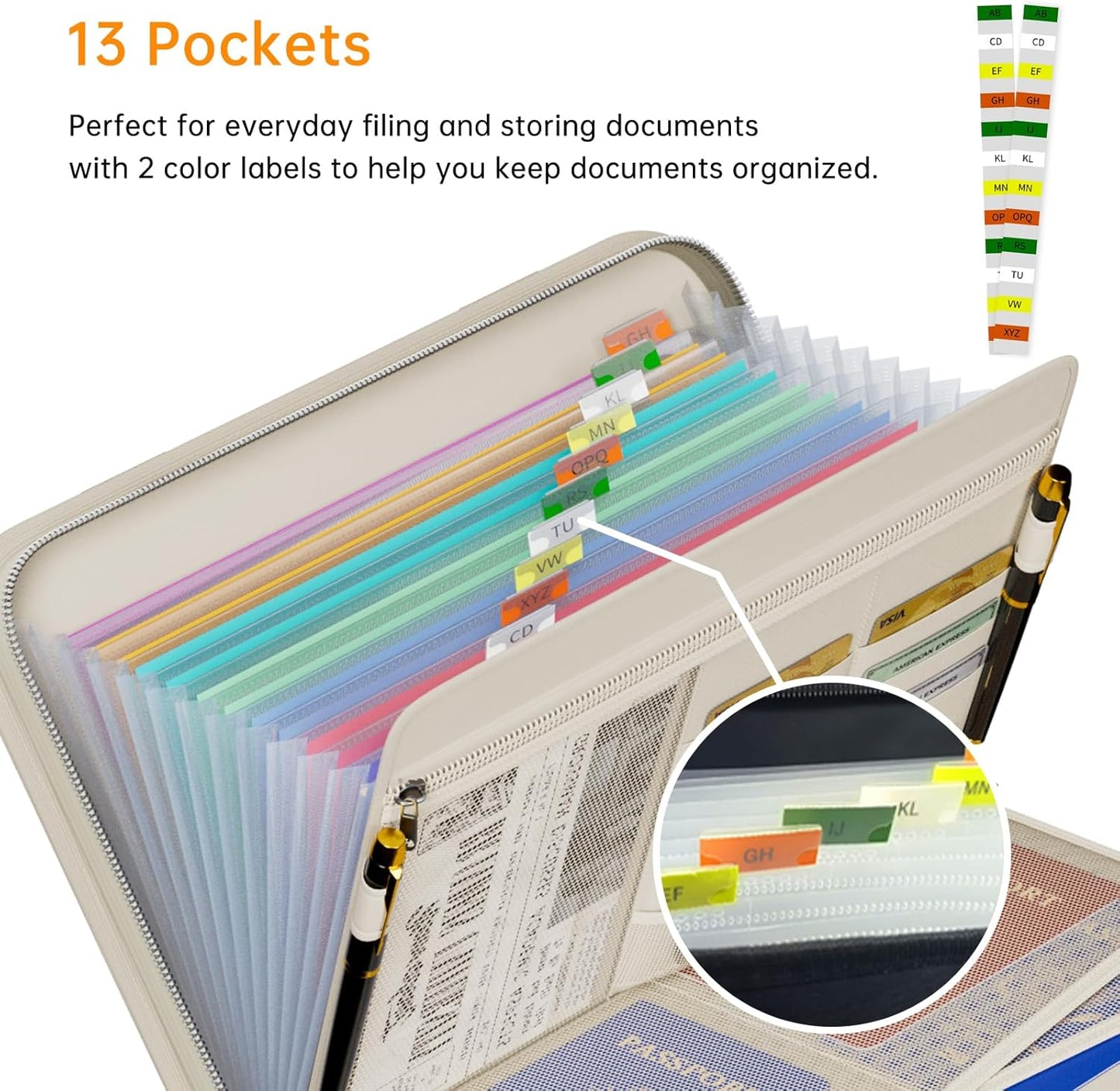 Tamfile Fireproof Accordion File Organizer with Handle, 13 Pocket Expanding File Folder with Zipper & Labels, File Folder with Multi-Pockets Paper Organizer Folder for Letter A4 Files, Beige