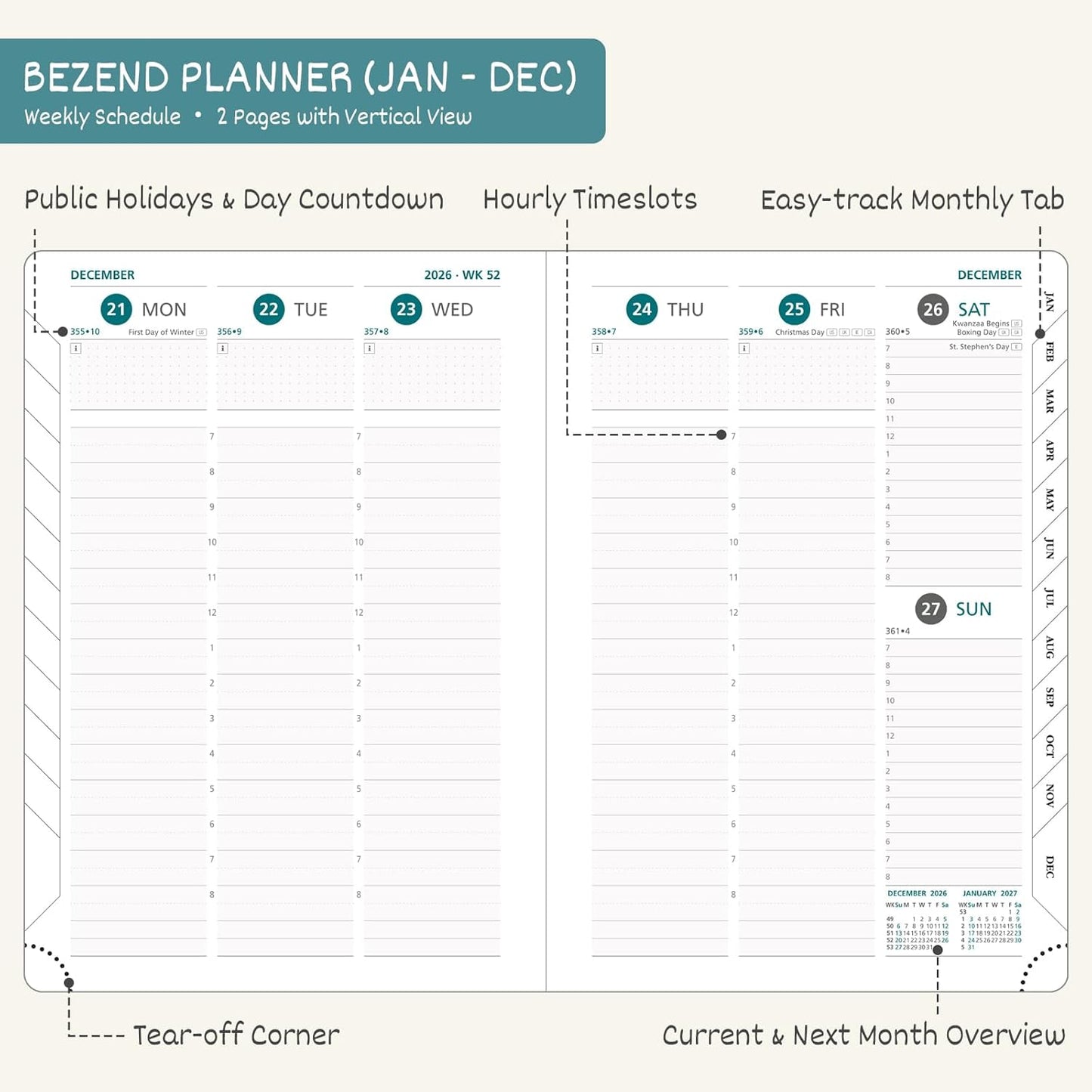 BEZEND 2026 Planner Weekly and Monthly (6" x 8.5") Daily Calendar with Half-Hourly Timeslots & Tabs (Jan-Dec) Note & Expenses, Pen Holder, Inner Pocket, Vegan Leather Hardcover - Mint Green