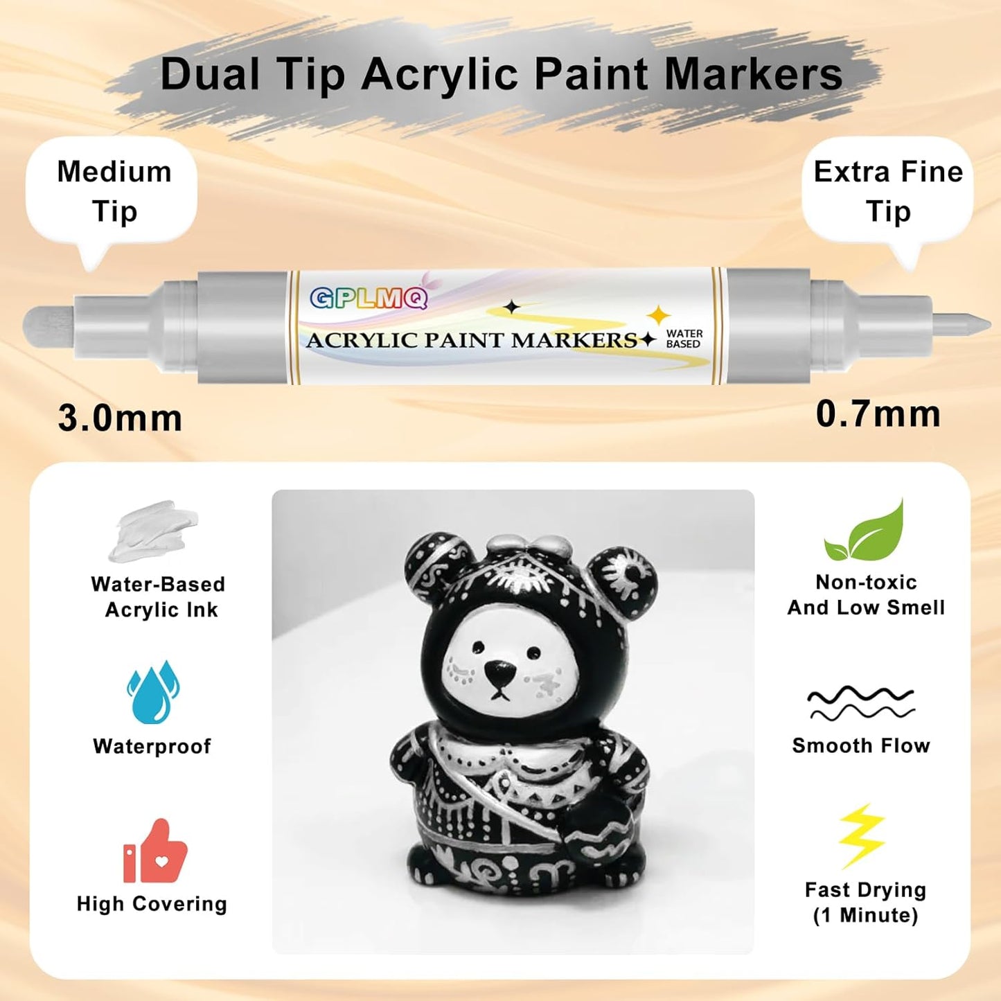Paint Markers Paint Pens - 2 Pack Dual Tip Acrylic Permanent Marker (0.7mm & 3mm), Non-Toxic, Water-Based for Art Painting, Stone, Ceramic, Glass, Wood, Fabric, Metal, DIY Crafts (Silver)