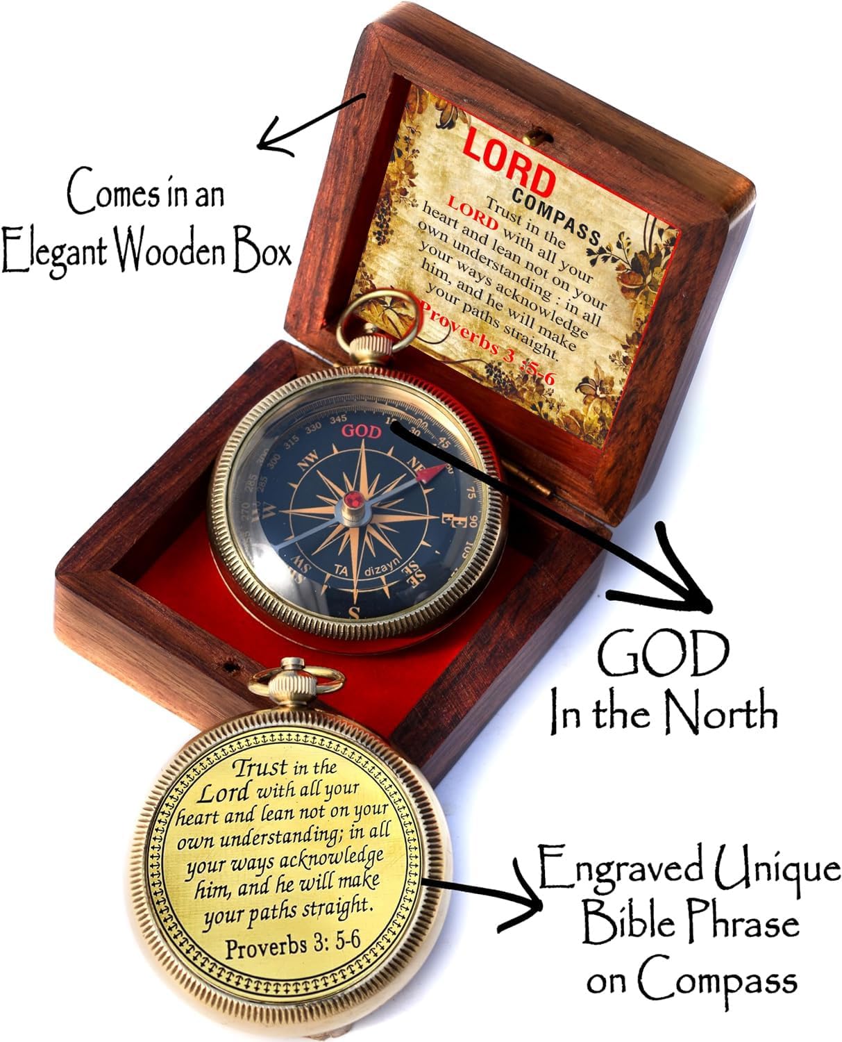 Trust in The Lord With All Your Heart - Proverbs 3:5-6 Quote Engraved Compass With Wooden Box, Greeting Card, Gift Compass, Graduation Day Gifts 2024 for Women Men Boys Girls