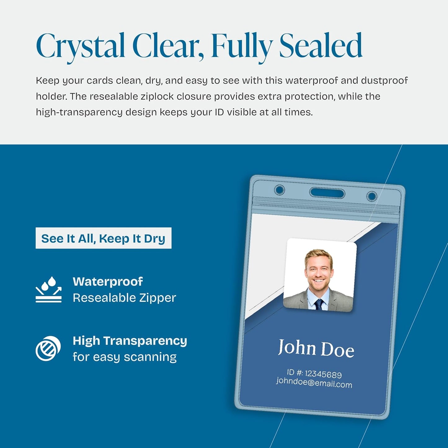 Will Well ID Badge Holders with Holes for Lanyards and Keyrings - Vertical Clear Plastic 2.5" x 3.7" Inner Size Sleeves Fit Up to 3 Cards, 0.8mm Thick Waterproof Resealable Zip Type - 6-Pack