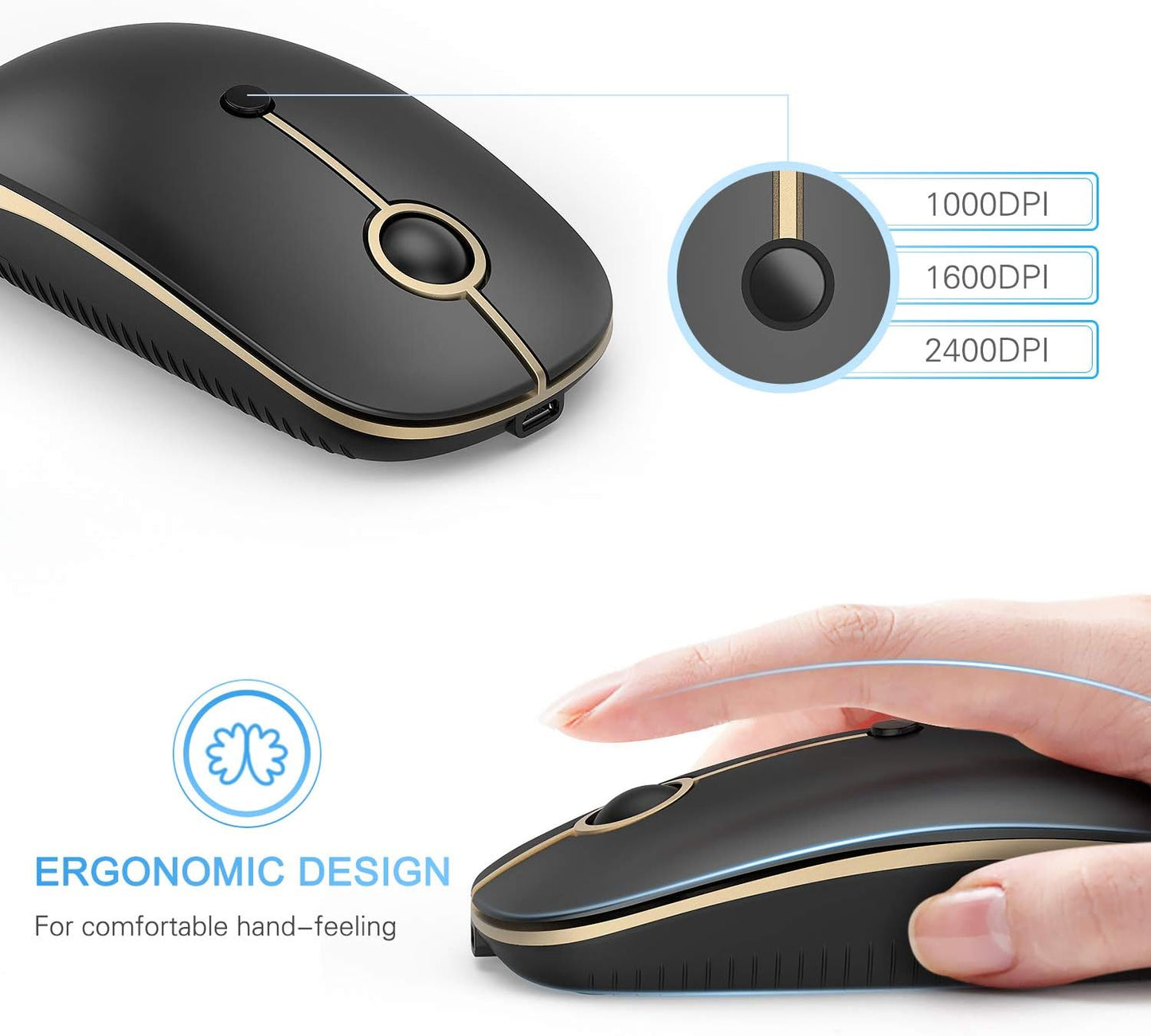 VssoPlor Type C Wireless Mouse USB C Rechargeable Portable Quiet Mouse USB and Type C Receiver Dual Mode Laptop Mouse for PC, Laptop, MacBook, Tablet-Black Gold