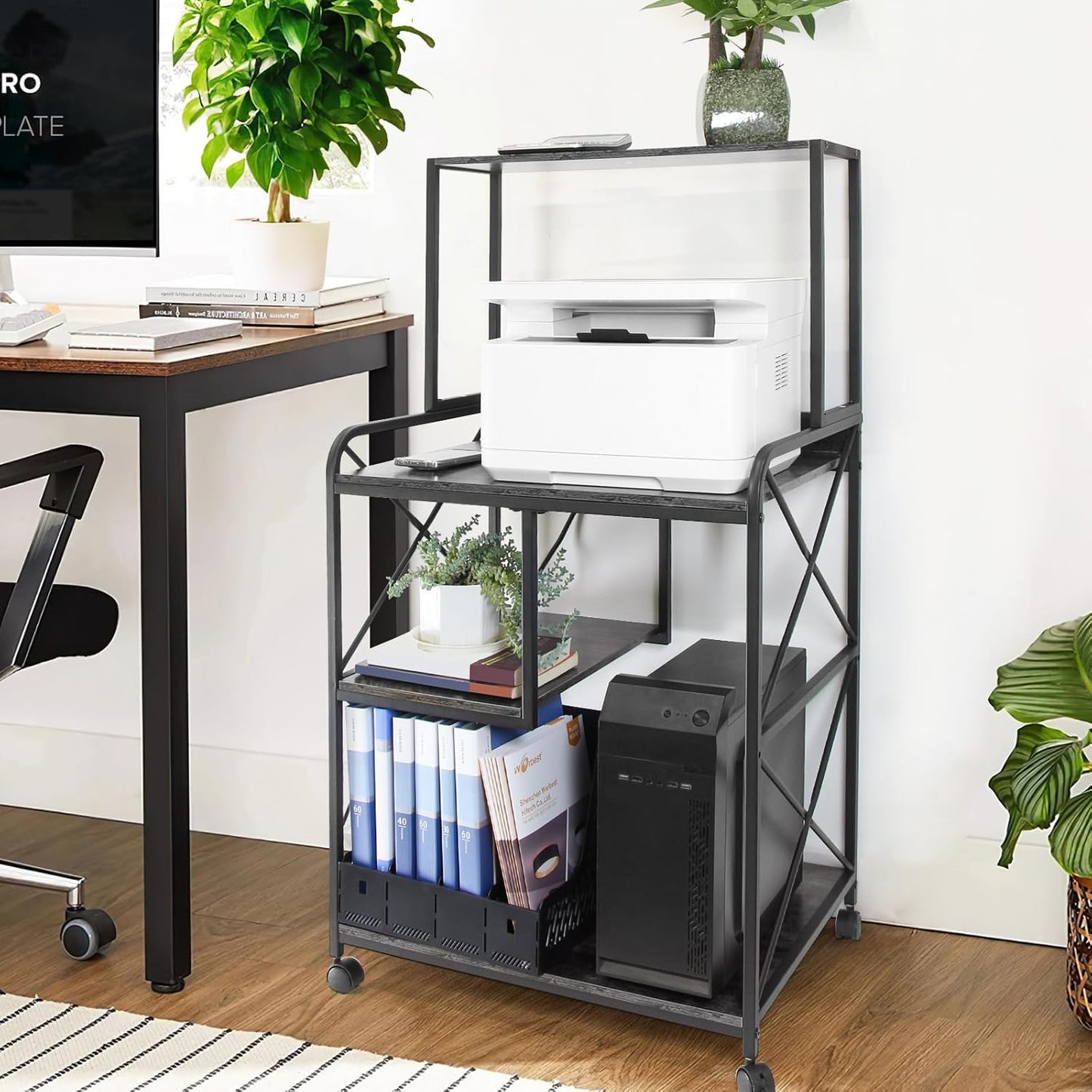 Printer Stand, 23 x 18 Inch Printer Table for Home Office, Large Printer Stand with Storage, 4 Tier Modern Home Printer Cart with Wheels & Socket, Computer Tower Stand CPU Stand, Grey