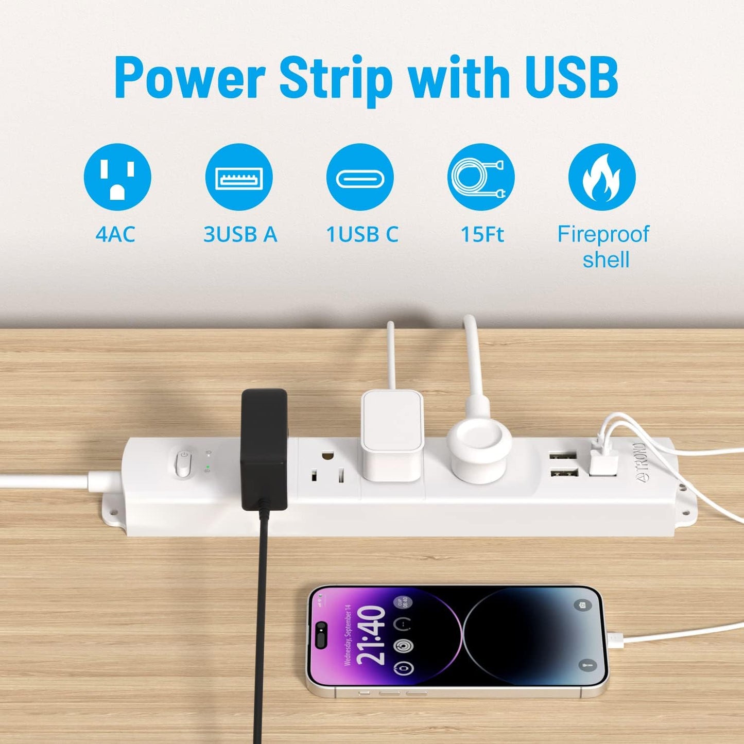 TROND Surge Protector Power Strip with USB, Ultra Thin Flat Plug 15ft Long Extension Cord 1625W, 3 USB A & 1 Type C, 4 AC Outlets 1440J Surge Protection for Wall Mount for Home Office Dorm Room, White