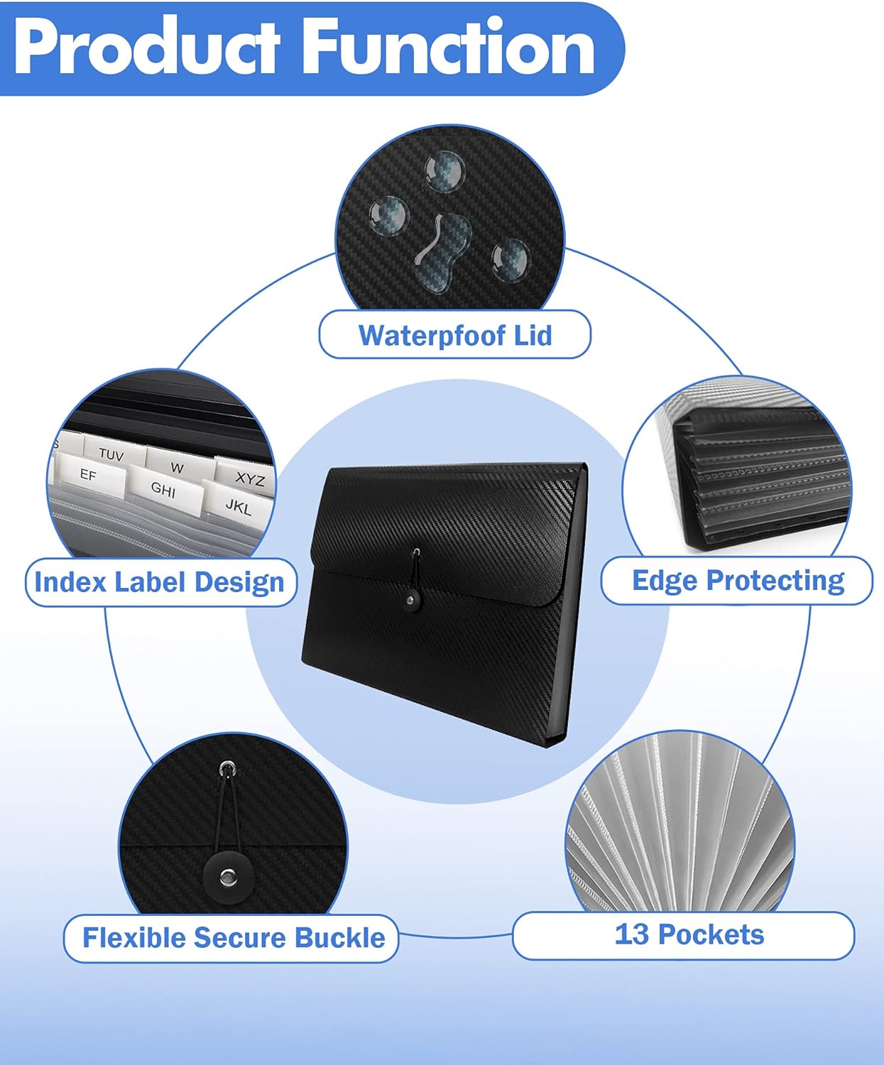 Expanding File Folder with Tabs, 13 Pockets File Organizer Accordion File Holder ，with Elastic Buckles Closure, A4 Paper Document Organizer for Home School Office