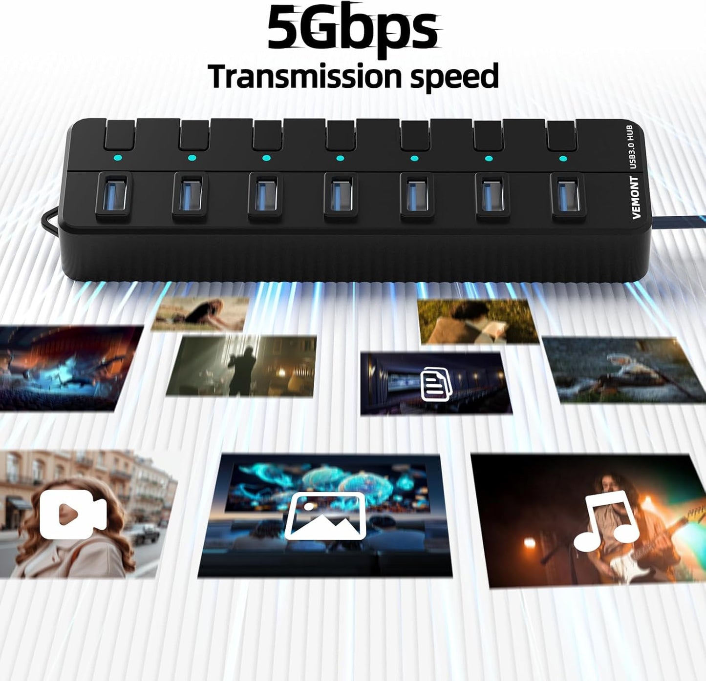 USB hub,7 Port USB 3.0 Hub,VEMONT USB Splitter with Individual On/Off Switches and Lights, 4ft/1.2m USB HUB Long Cable, USB Extension for Laptop and PC Computer