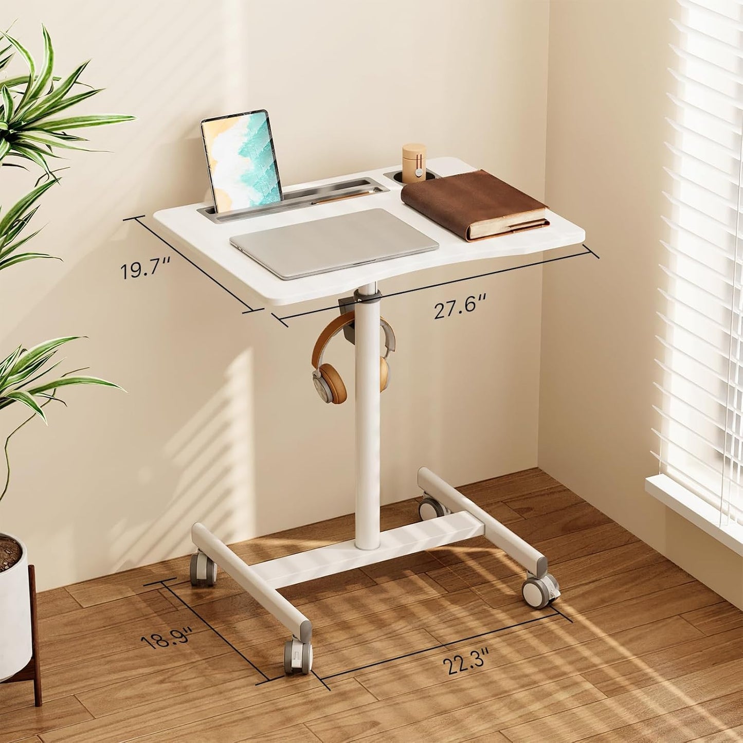 Mobile Standing Desk, 28 inch Rolling Standing Laptop Desk with Cup Holder, Mobile Desk Workstation with Wheels, Portable Computer Desk Cart with Hook for Home Office, White