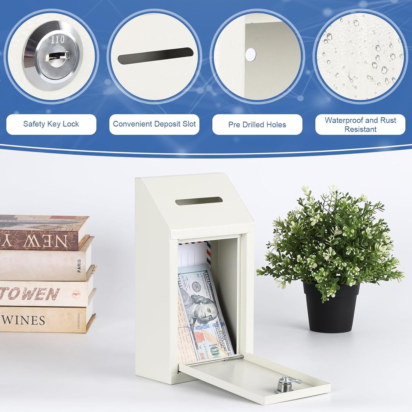 KYODOLED Money Cash Drop Box with Lock, Metal Donation and Suggestion Box with Slot Wall Mounted for Farm or Office, Home, Outdoor, White, 10.24 x 5.7 x 2.95 Inch