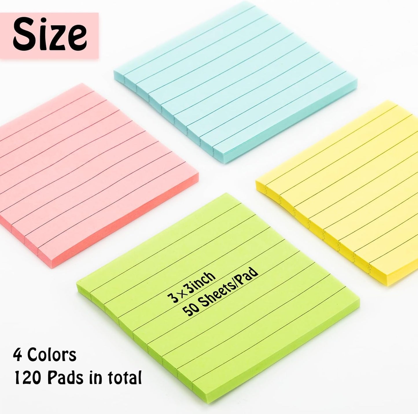 Fainne 120 Pack Sticky Notes 3x3 Bulk Back to School Supplies Self Stick Note Pads Lined Adhesive Paper Memo Colorful Gifts for First Day of School Student Teacher Office, 50 Sheets/Pad