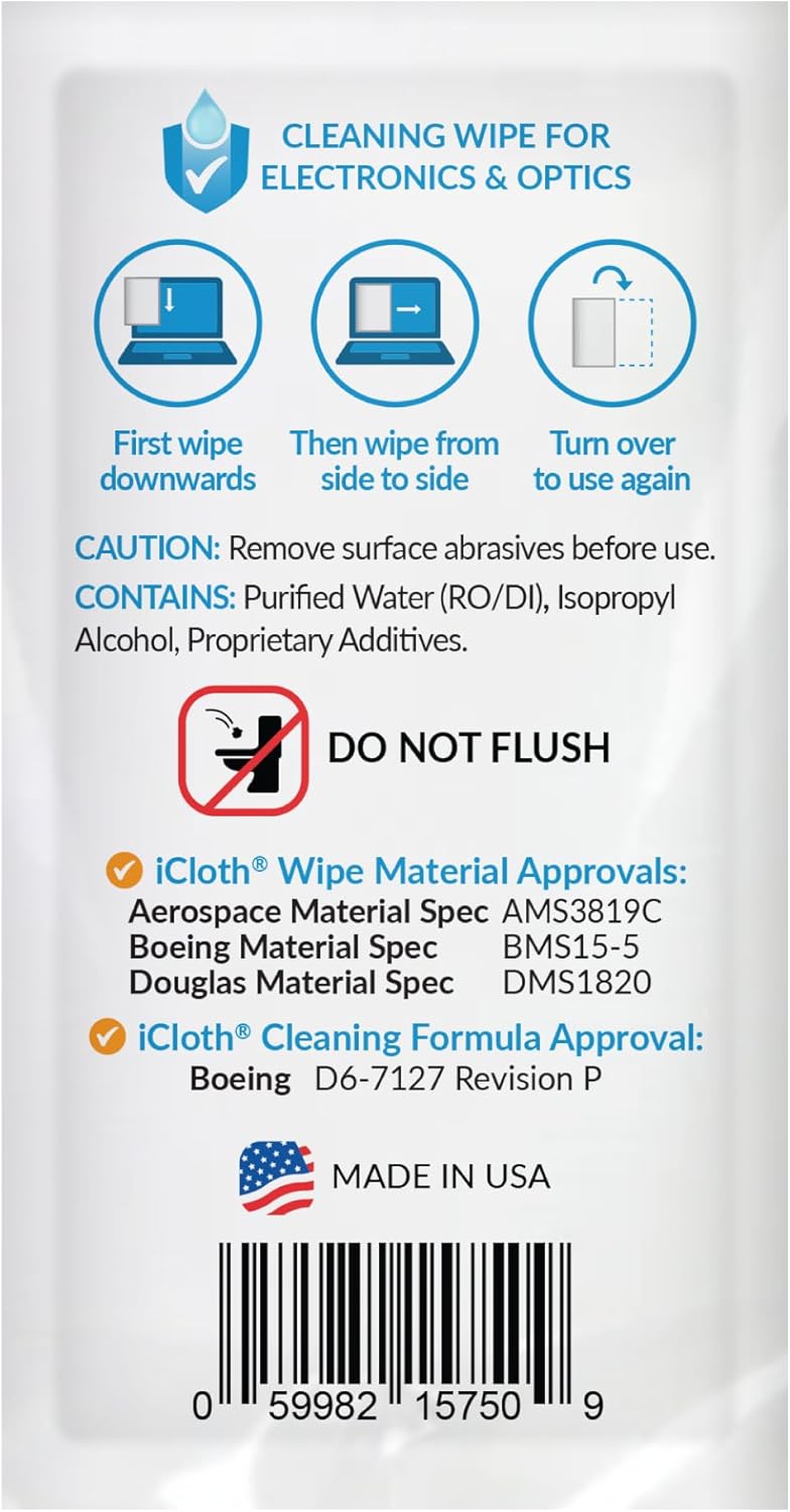 iCloth Large Screen Cleaning Wipes for Electronics, Lint-Free and Streak-Free, Fast-Drying, Removes Dust, Fingerprints, and Smudges (24 Wipes)