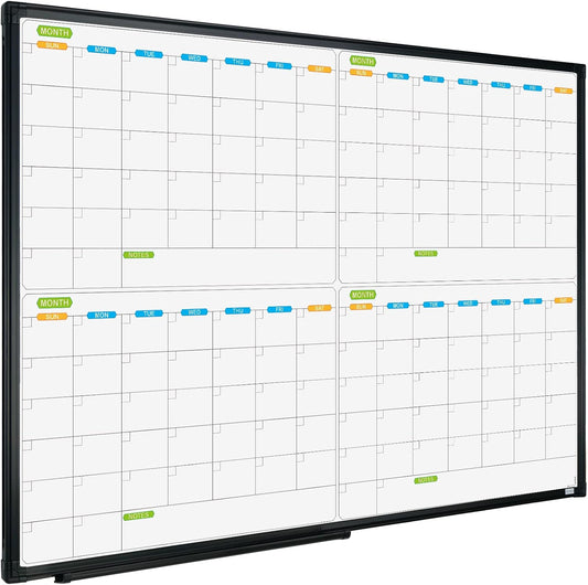 JILoffice Magnetic Dry Erase Calendar Whiteboard, 4 Month White Board Planner 36 X 24 Inch, Black Aluminum Frame Wall Mounted Board for Office Home and School