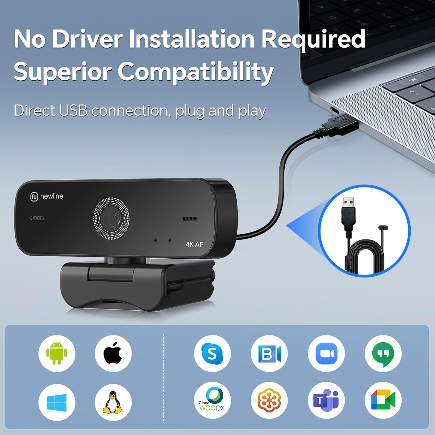 N newline 4K Webcam for PC, 4K UHD USB Webcam with Microphone, New Upgraded Auto Focus, Low Distortion, Privacy Cover, PC Camera for Zoom, Skype, Teams, Laptop, Conferencing, Calling, NewEye 60s