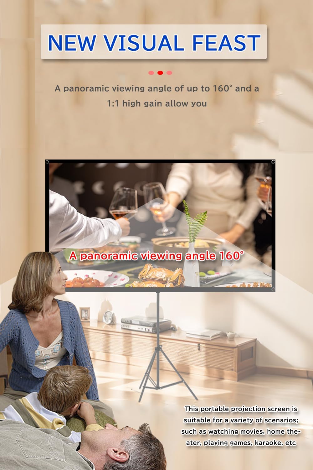 Projector Screen with Stand Outdoor 60 inch 4K HD 1.5-Gain Wrinkle-Resistant Movie Screen, 160° Viewing Angle, Projection Screen for Movie Night and Indoor 【60in】