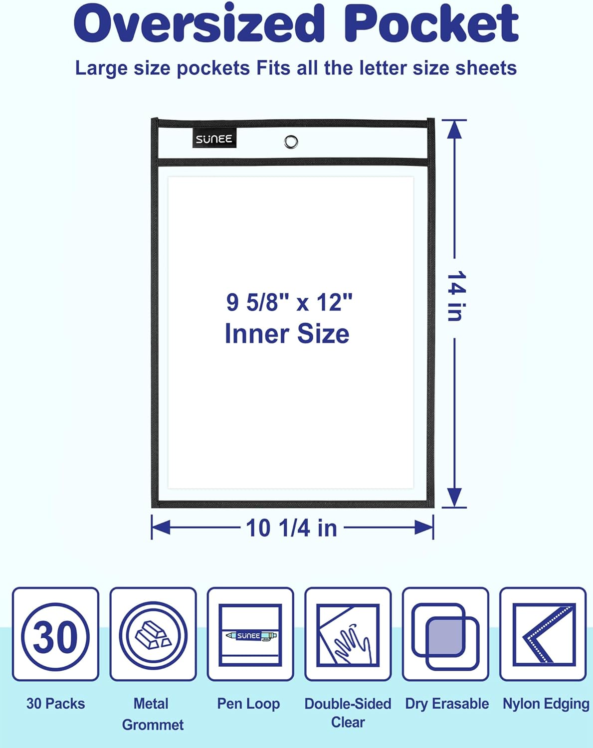 SUNEE 30 Packs Oversized Reusable Dry Erase Pocket Sleeves with 2 Rings, Black 10x14 Ticket Holders, Clear Plastic Sheet Protectors, Teacher School Classroom Supplies