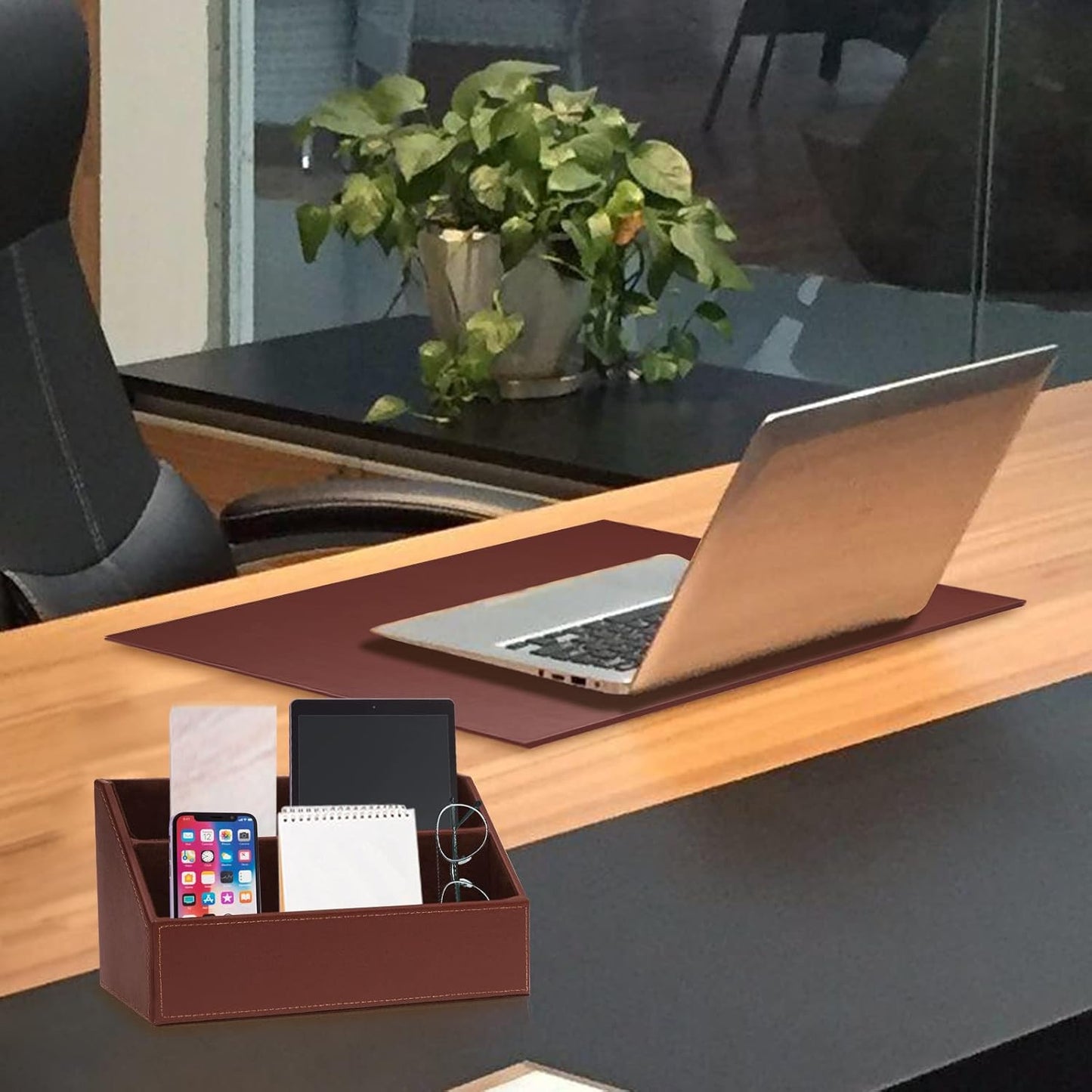 6 Piece Office Supplies/Desk Organizer Set with Desktop Leather Writing Pad,File Paper Tray,Magazine folder Holder, Pen Cup,Sticky Note Holder,Letter Mail Sorter,Workspace Decor for Women Men Brown