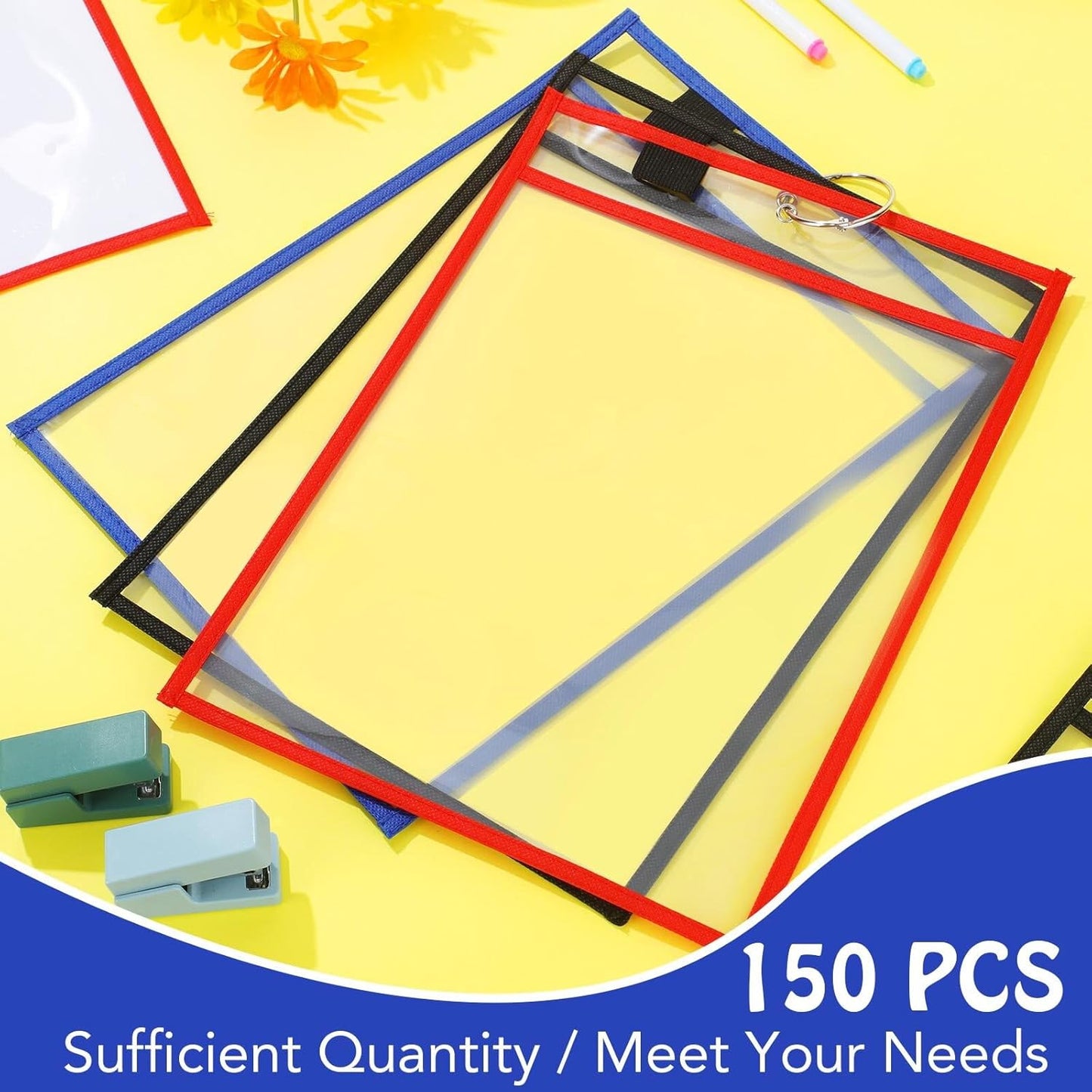 Teling 150 Pcs Dry Erase Pockets Bulk Reusable Job Ticket Holders Clear Plastic Sleeve Protector Work Order Sleeve Shop Ticket Holder for Welcome Teacher Back Office Supplies(10 x 14'',Black Blue Red)