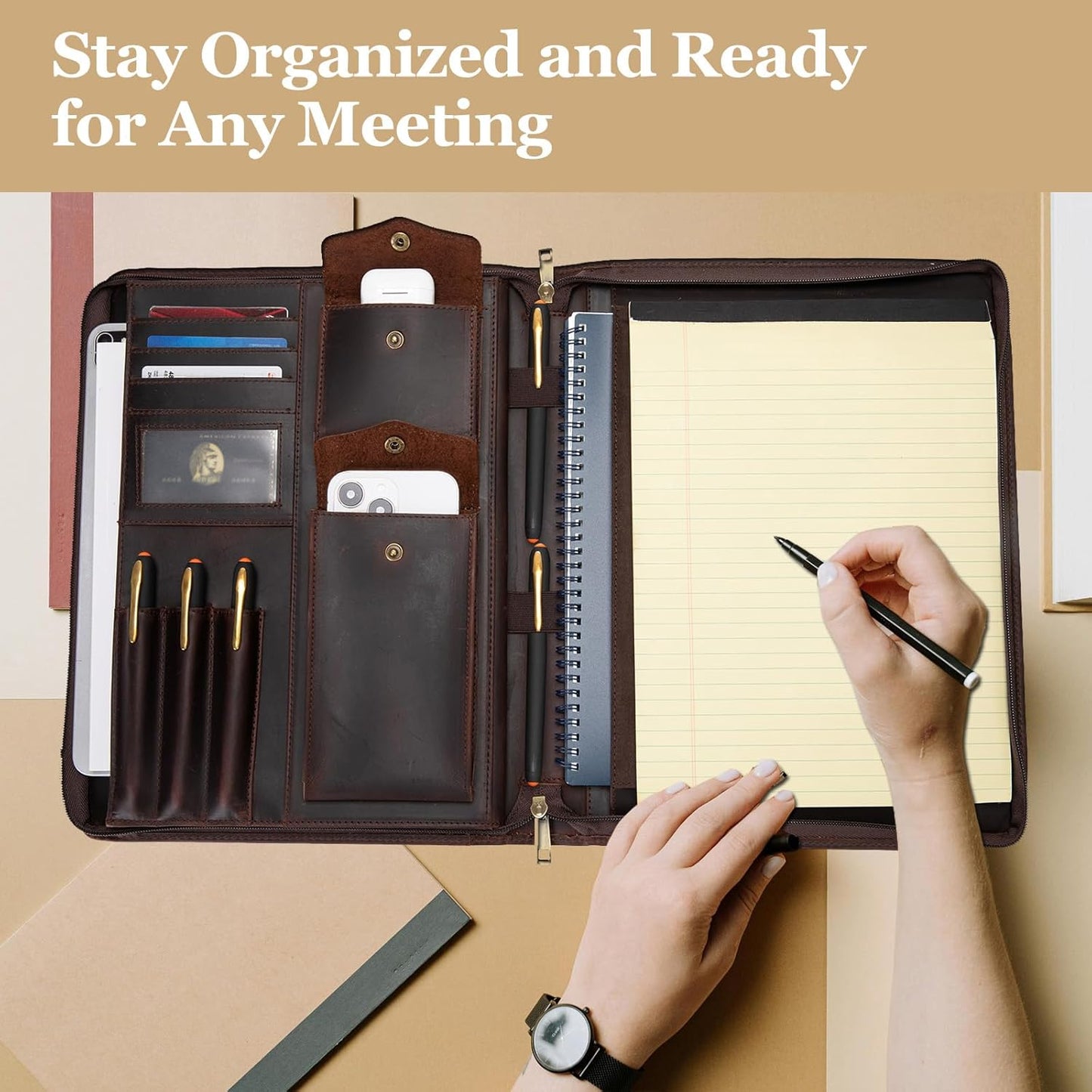 Genuine Leather Portfolio with Hidden Handle, Zippered Front Pocket, Business Padfolio for Men and Women, 8.5 x 11 Legal Pad Notebook Holder, Office Letter Notepad Folio, Dark Brown