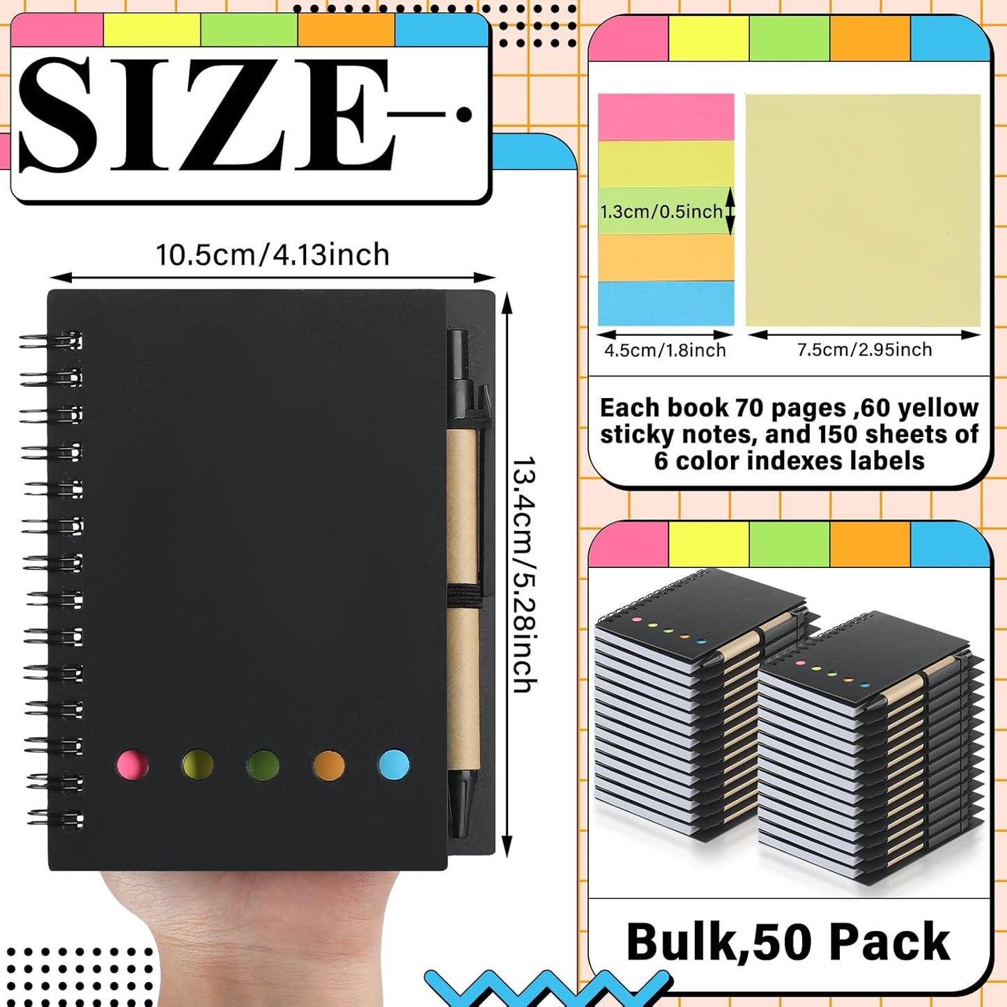 Qilery 50 Pack Lined Spiral Notebook Small Notepad and Pen Set Steno Pads Lined Notepad Black Pocket Notebook for Business Office School Supplies