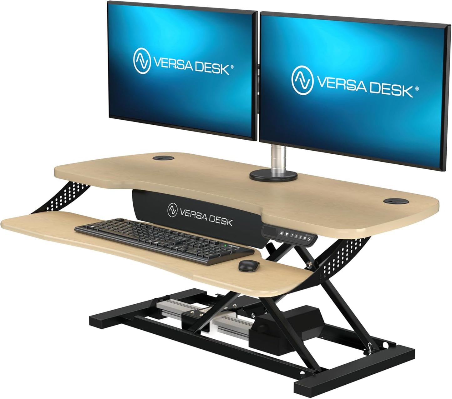 VERSADESK® PowerPro™ Elite 40” x 24" – App Controlled Wide Electric Standing Desk Converter w/USB Charging Port. Raises up to 20”. Fully Assembled – Includes LED Lights. Supports 80 lbs. – Maple