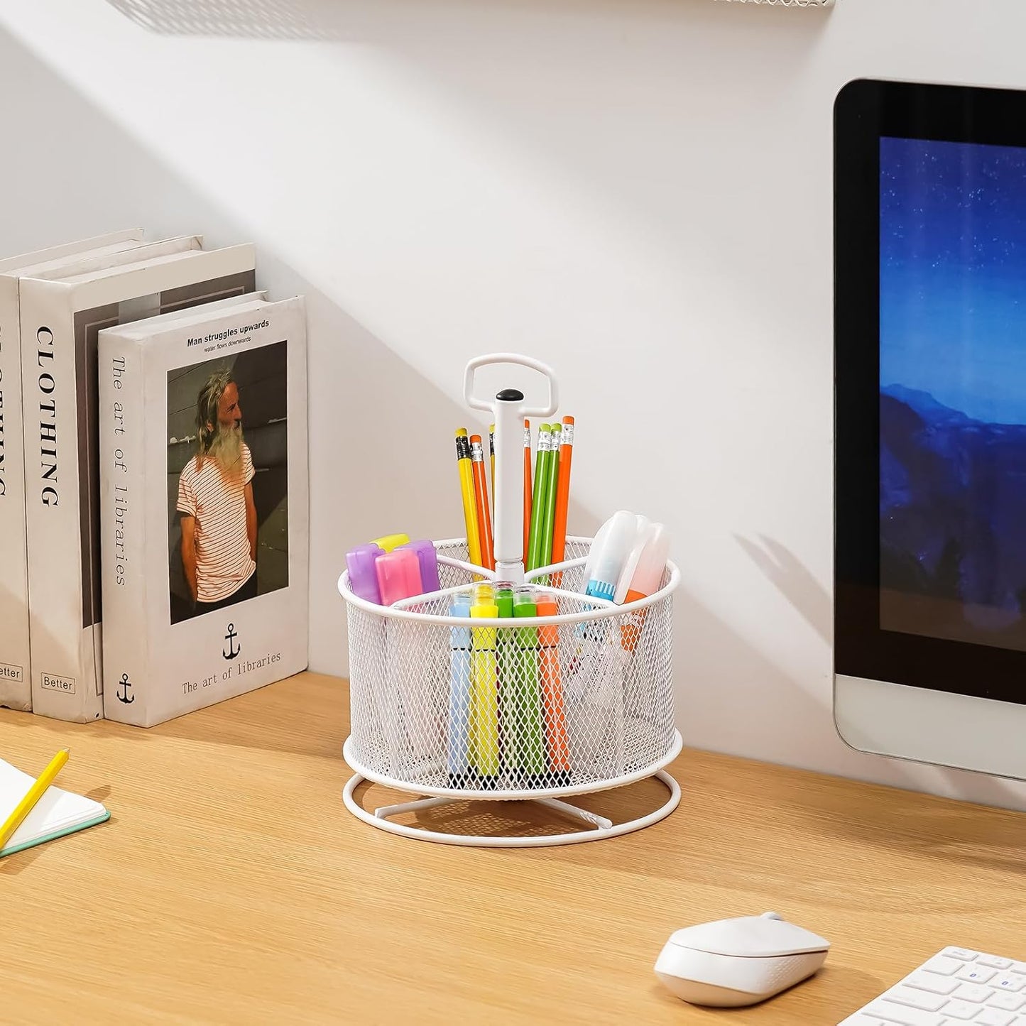 Marbrasse Mesh Desk Organizer, 360-Degree Rotating Multi-Functional Pen Holder, 4 Compartments Desktop Stationary Organizer, Home Office Art Supply Storage Box Caddy (White)