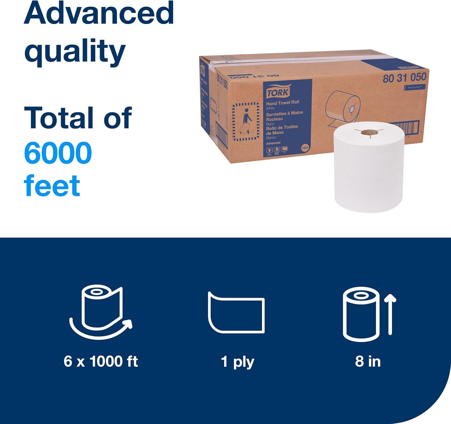Tork Hand Towel Roll White H80, Advanced, High Absorbency, 6 Rolls x 1000 ft, 8031050