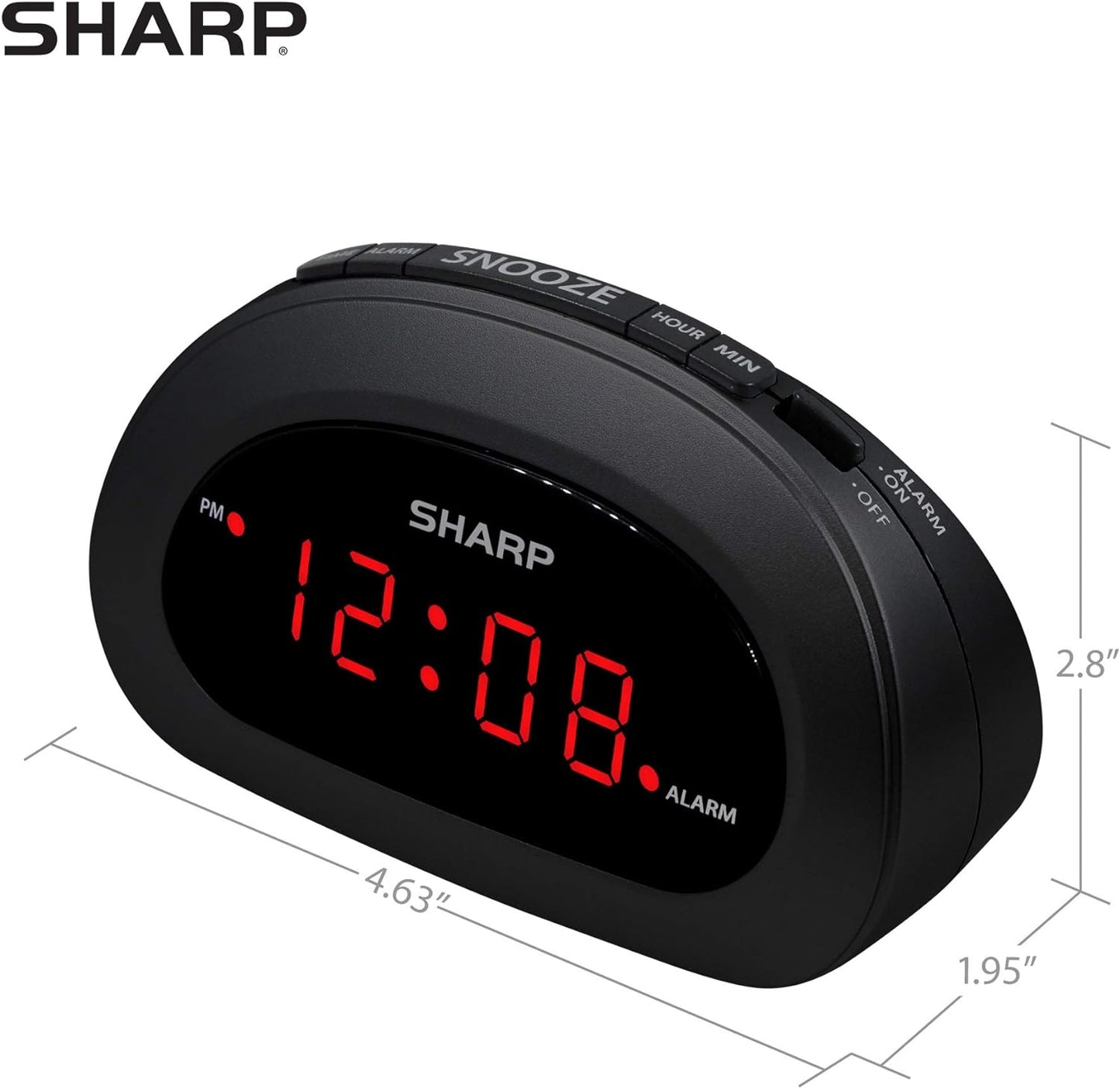 Sharp Small, Space-Saving Digital Alarm Clock – Compact Bedside Clock with Large Red LED Display, Easy Top Button Controls, Snooze, and Battery Backup – Perfect for Bedroom, Dorm, or Travel