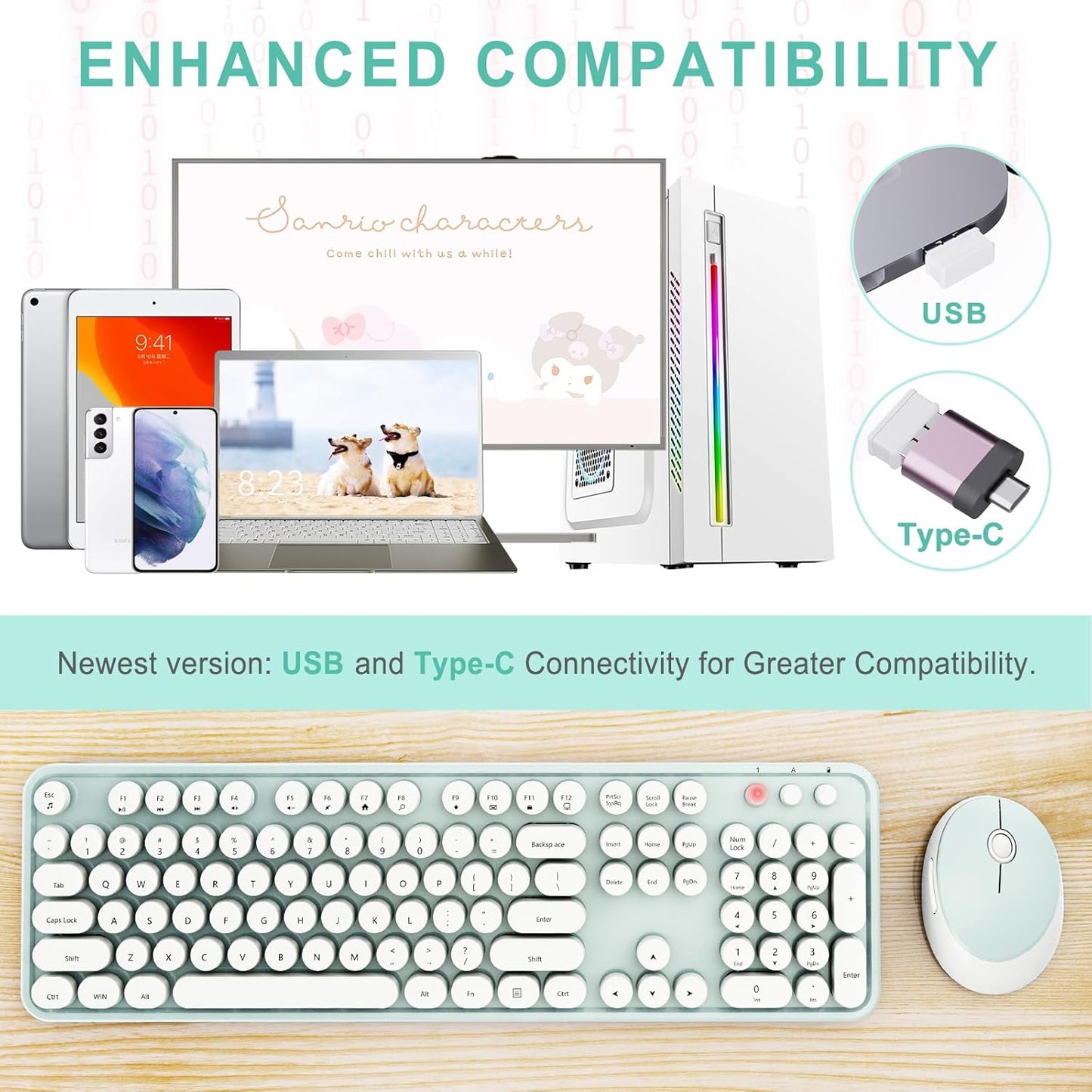 Wireless Keyboard and Mouse Combo, Ergonomic Full Size Typewriter Retro Round Keycaps Keyboard, Compatible with Windows, PC, Perfer for Home and Office Keyboards（Green）