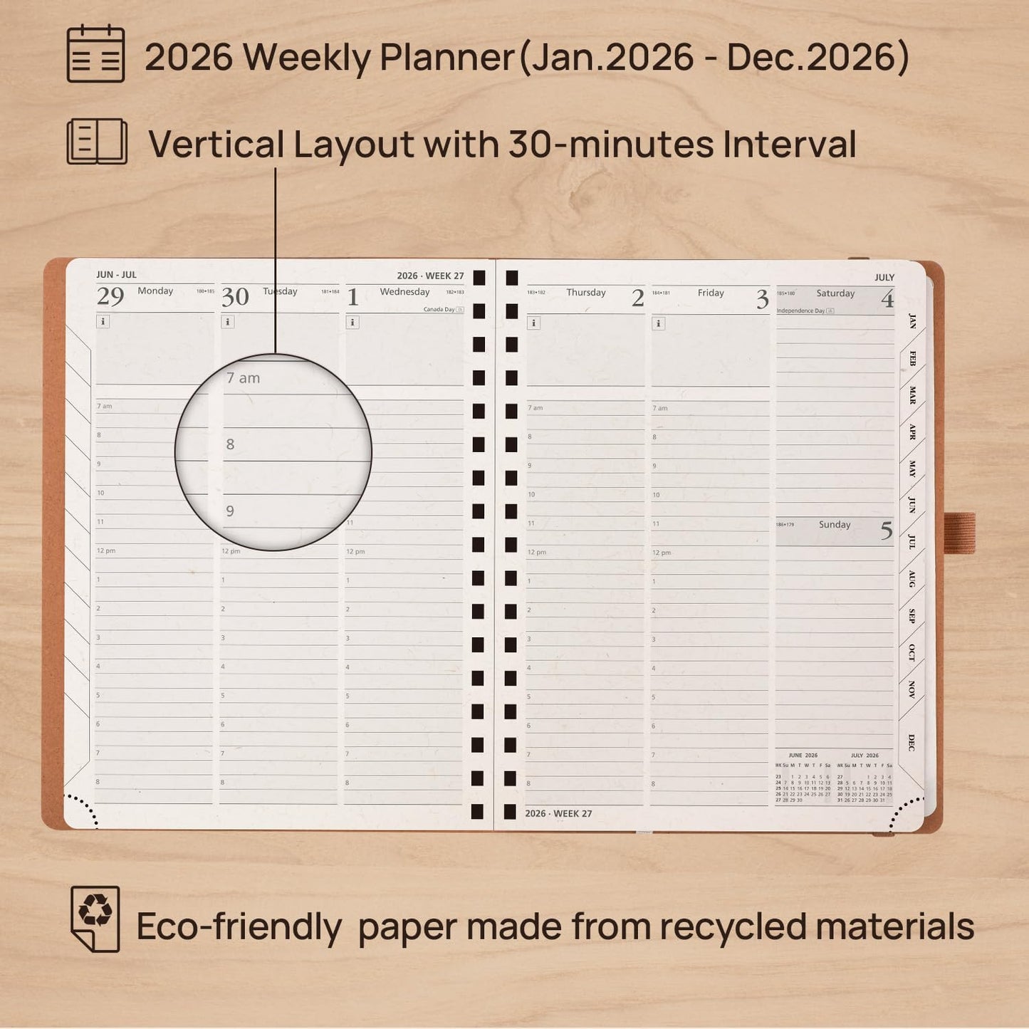 POPRUN 2026 Planner - 2026 Recycled Weekly Planner [Italian Regenrated Leather - Medium Size 6.5'' x 8.5''] - 2026 Weekly Planner with Hourly Schedule, Monthly Tabs-26-WERO7-BGY - Black Grey