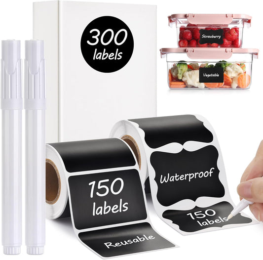 Chalkboard Labels - 300pcs Waterproof Reusable Blackboard Stickers with 2 Free Erasable White Chalk Marker, Mini Decorative Chalk Labels for Jars Containers Kitchen Home Pantry Office