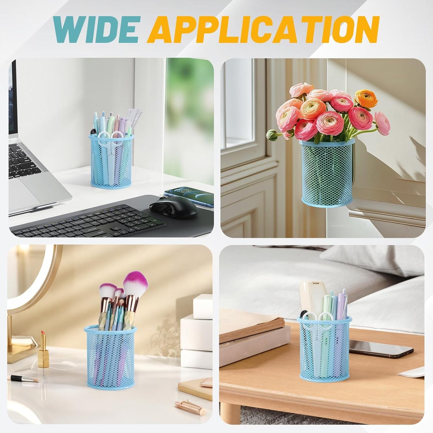 Segarty Pencil Holder, 3 Pack Light Blue Pen Holder, Pencils Cups for Desk, Round Mesh Pens Container Organizer for Office Supplies, School Classroom, Makeup Brush, Home Storage