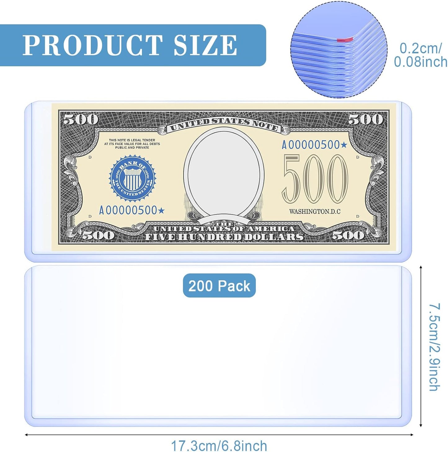 Sepamoon 200 Pieces Dollar Bill Sleeves, 6.9 x 2.95 Inch Hard Plastic Clear Currency Sleeves Waterproof Currency Holder Dollar Bills Display Protector Organizer Case Supplies for Collectors