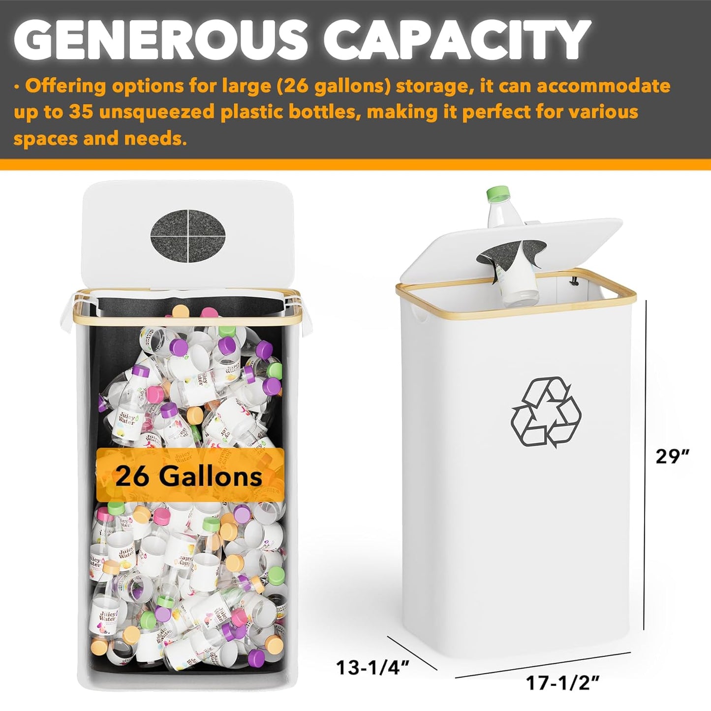 SpaceAid Recycling Bin for Kitchen 26 Gallon, 100L Recycle Bin with Lid and 2 Reusable Inner Bags, for Bottle Can Glass Plastic Stickers, White