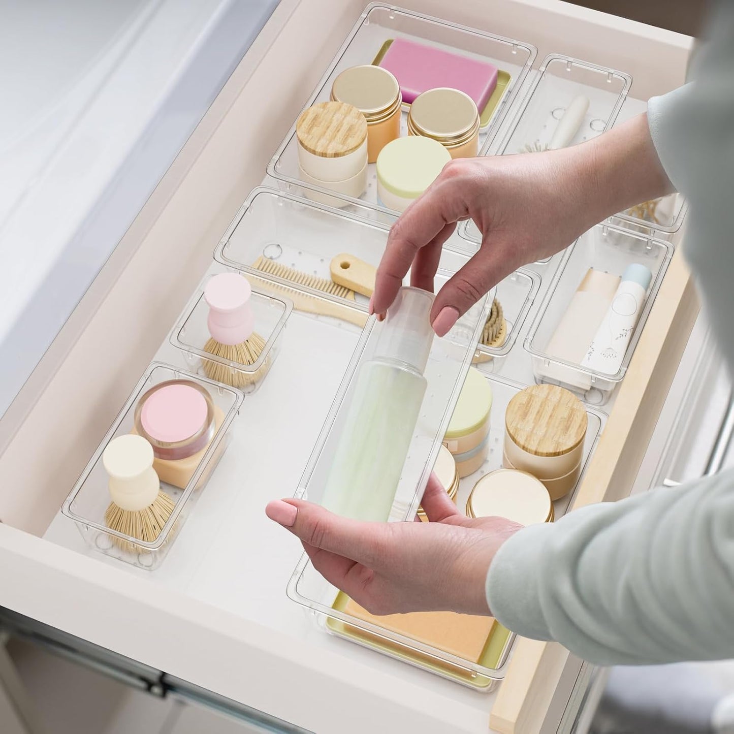 15 PCS Clear Plastic Drawer Organizer Set, 4-Size Acrylic Drawer Storage Trays, Storage Bins for Makeup, Gadgets, and Jewelry in Bathroom, Bedroom and Office, Clear