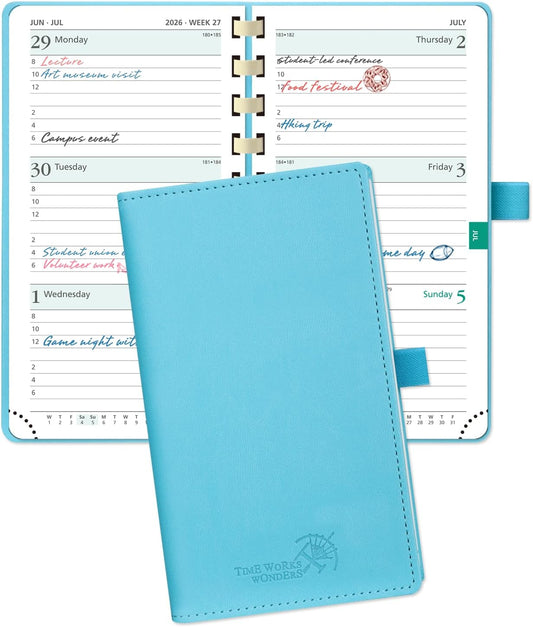 POPRUN 2026 Pocket Planner (Slim Size 3.5" x 6.5") Weekly and Monthly Calendar for Purse, with Hourly Time Slots, 100GSM Thick Paper, Spiral Soft Cover, Pen Holder - Blue Green